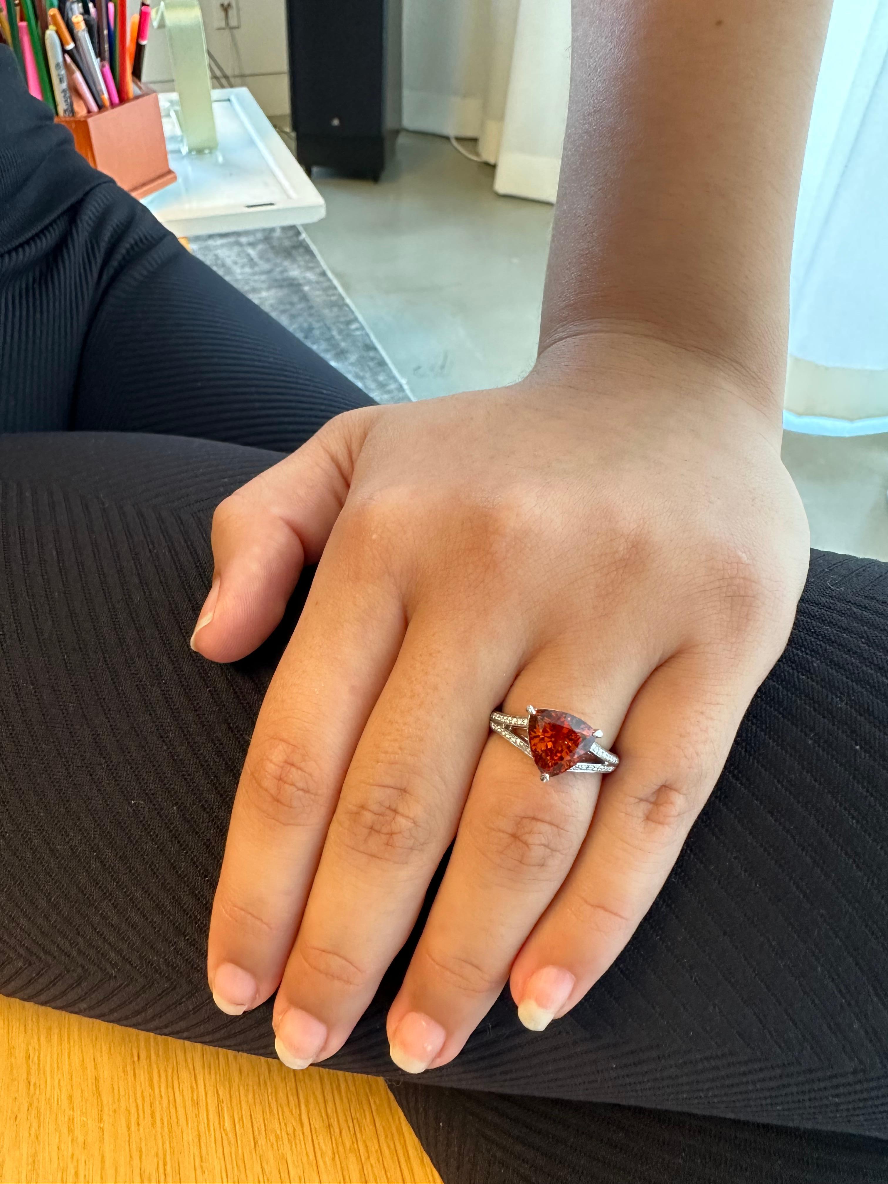 Trillion Cut Mandarin Garnet Ring 3.76 Carat Trillion For Sale