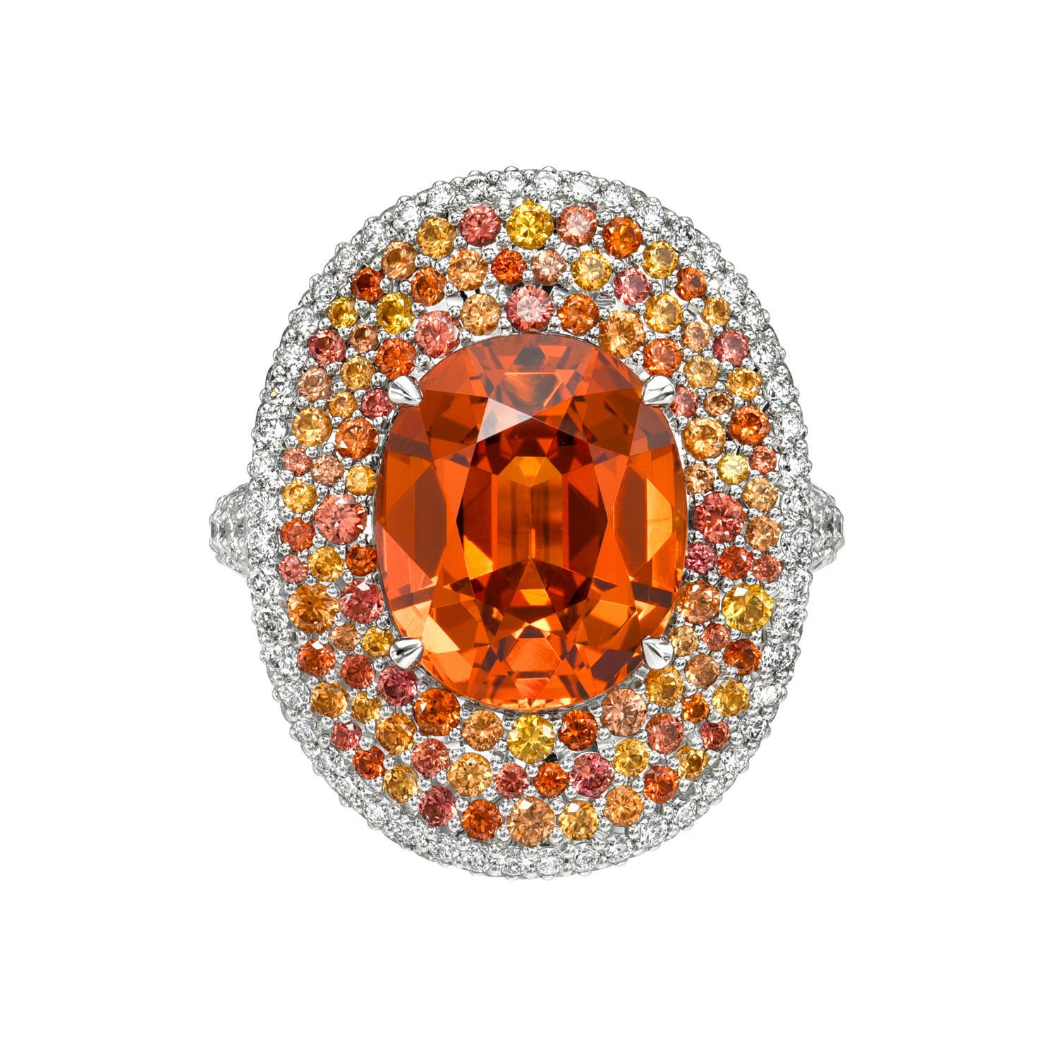 Lujoso Anillo de Platino Granate Mandarín - 6,75 ct , Zafiros y Diamantes Raros de Fantasía Contemporáneo en venta