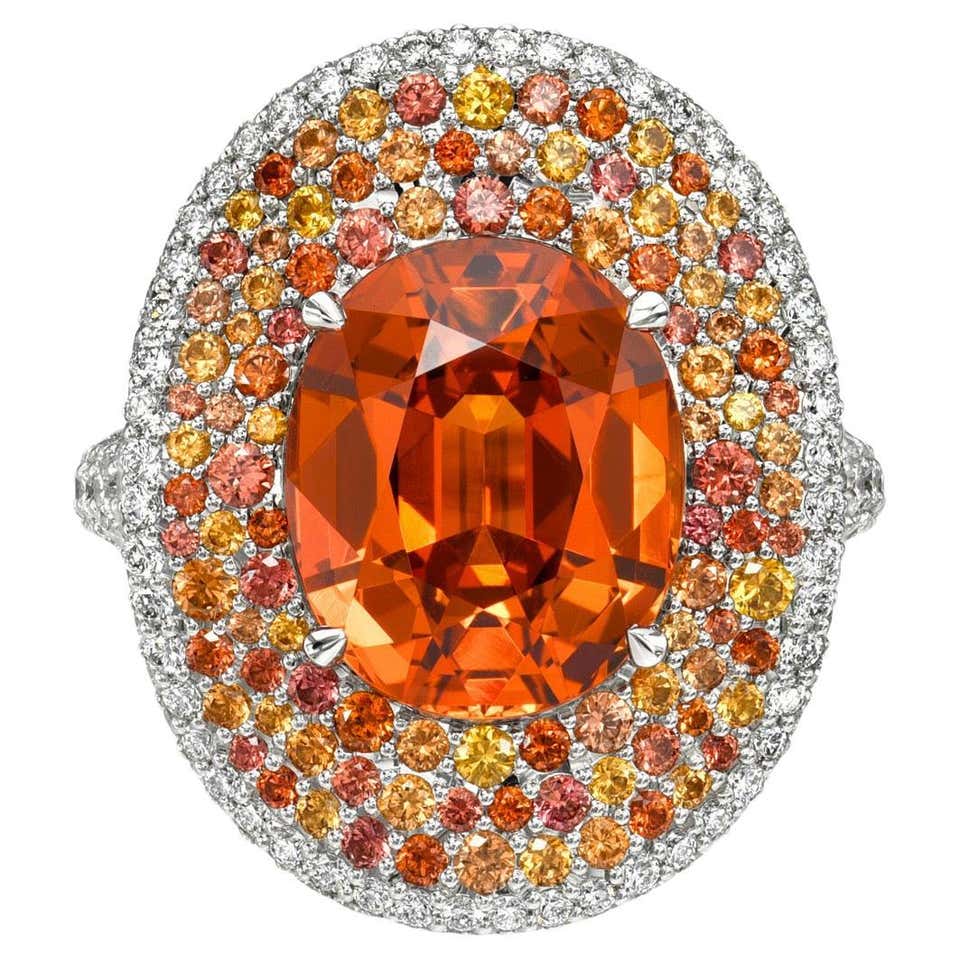 Rare 3.04 Carat Mandarin Garnet Platinum Ring with Spinels and Fancy ...