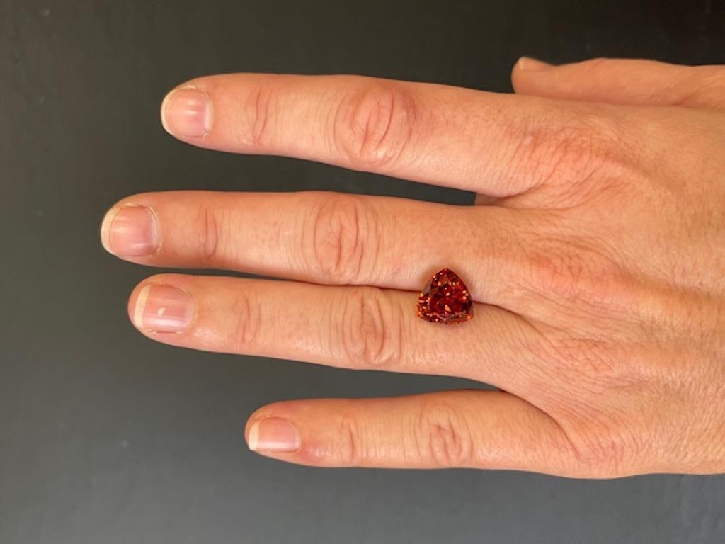 Lively 6.67 carat trillion Mandarin Garnet gem, offered unmounted to a gem lover.
Dimensions: 10.80mm x 10.80mm x 7.20mm.
Returns are accepted and paid by us within 7 days of delivery.
We offer supreme custom jewelry work upon request. Please