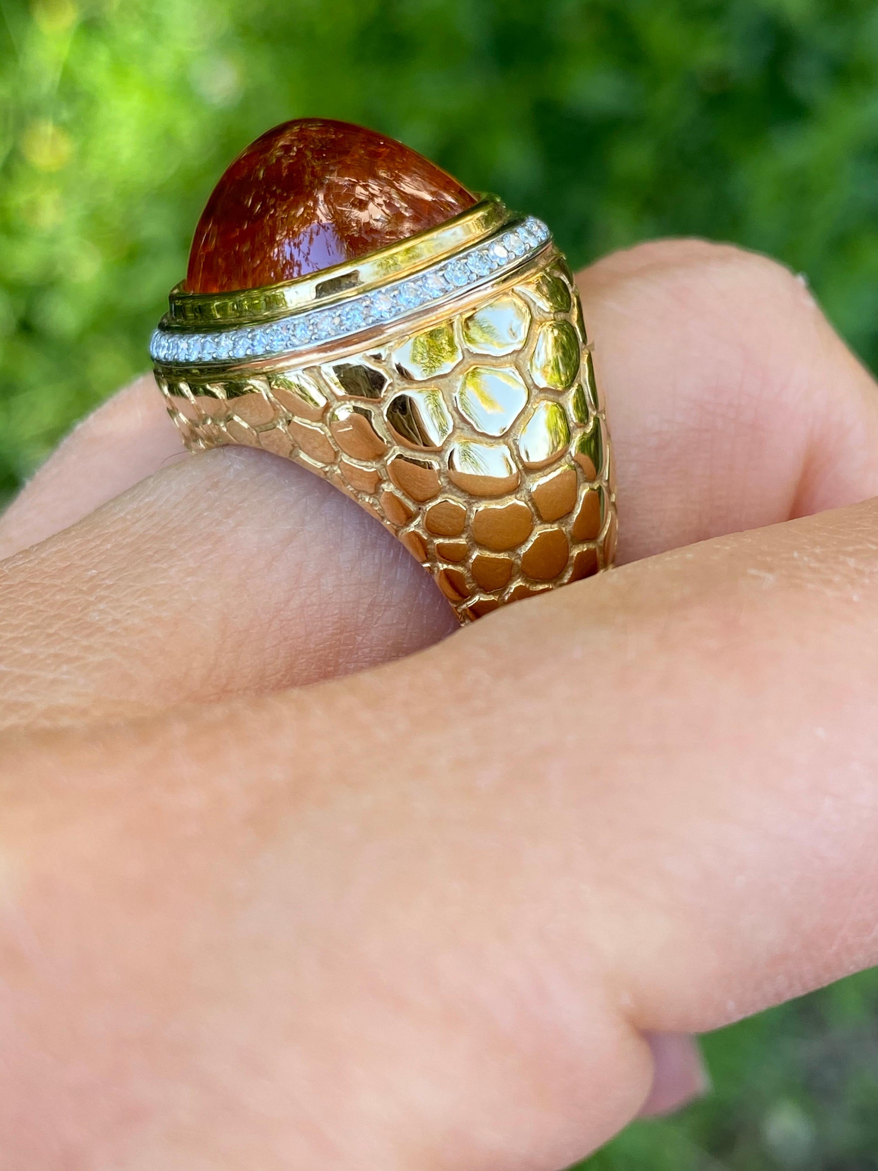 Mandarin Garnet Sugarloaf Cabochon Ring with Diamonds in 18K Gold & Platinum For Sale 4