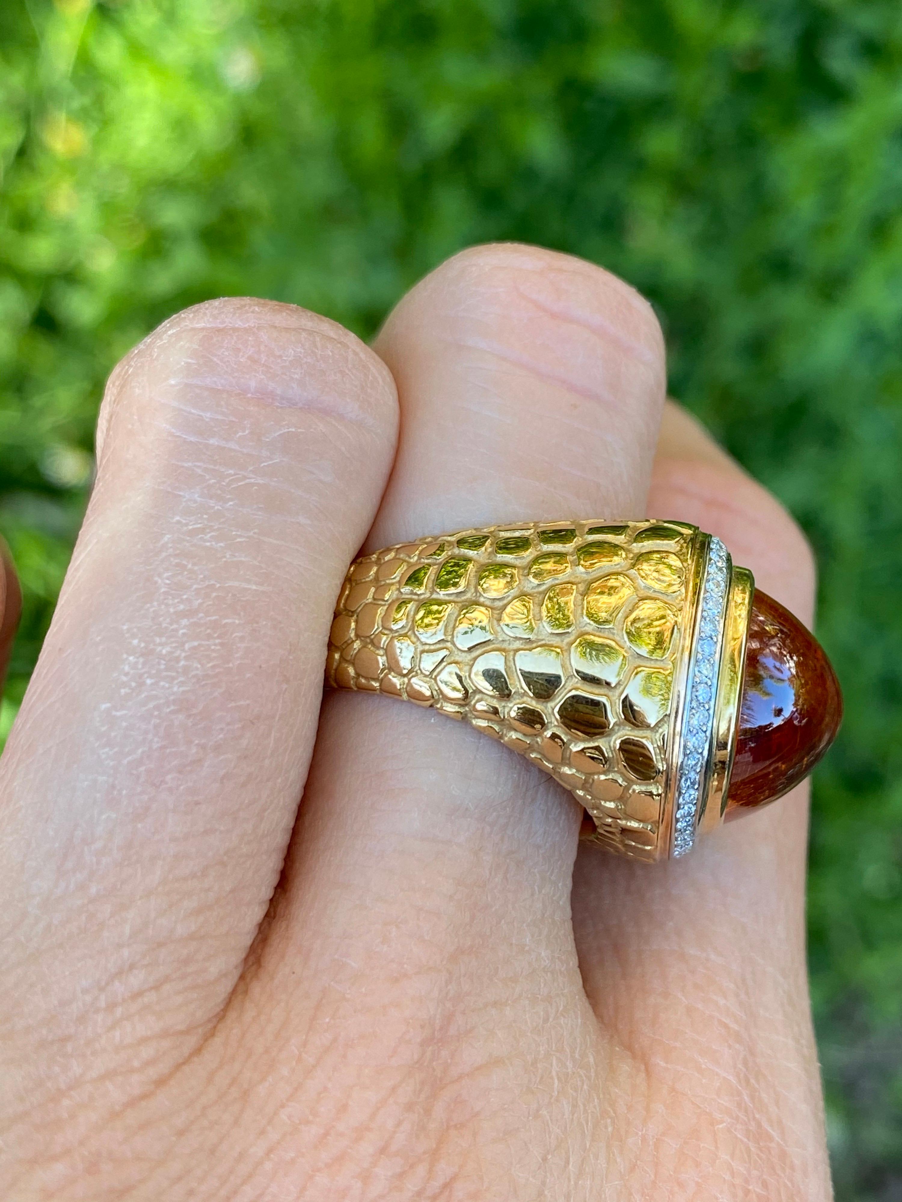Mandarin Garnet Sugarloaf Cabochon Ring with Diamonds in 18K Gold & Platinum For Sale 5