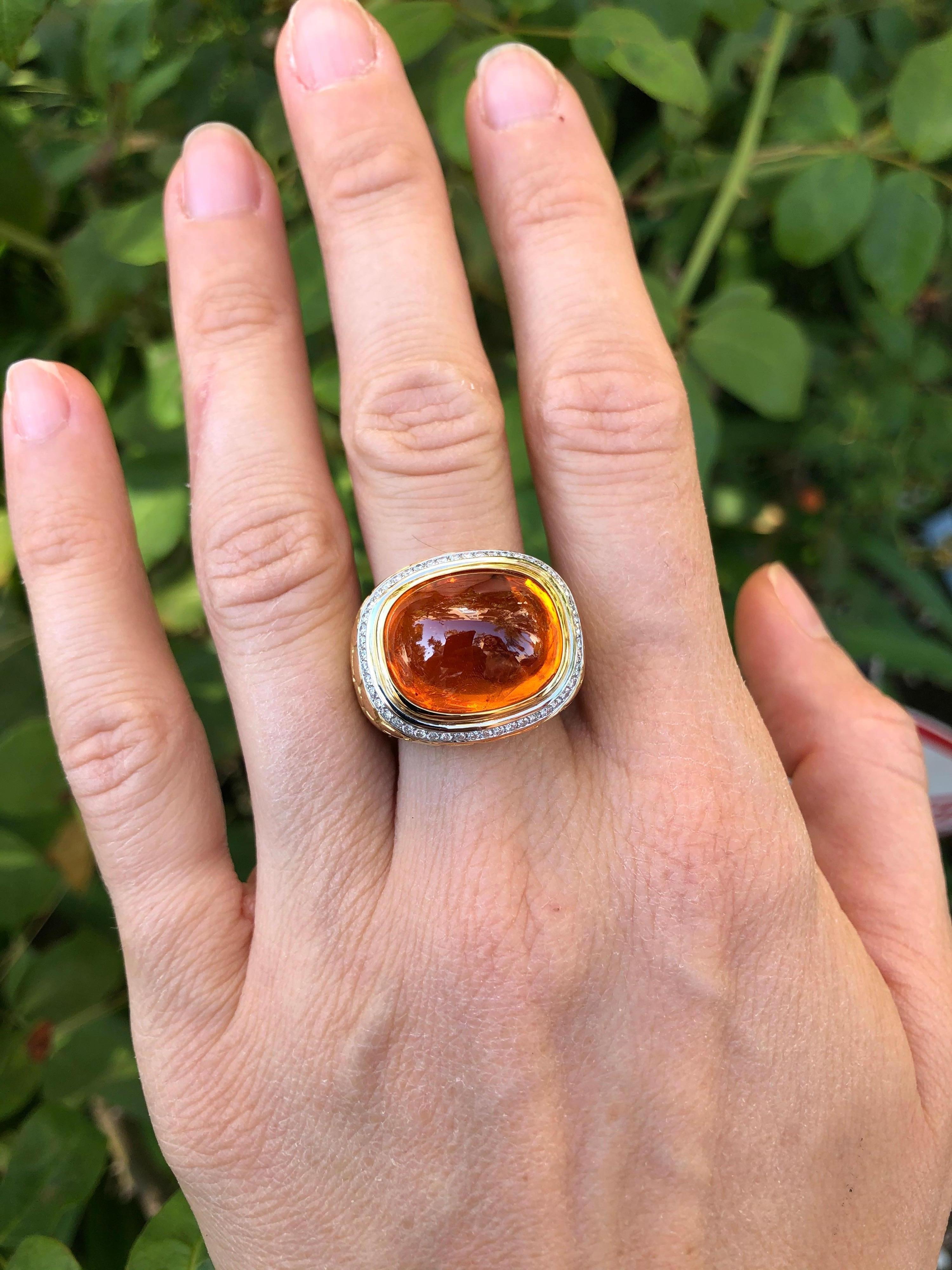 Mandarin Garnet Sugarloaf Cabochon Ring with Diamonds in 18K Gold & Platinum For Sale 1