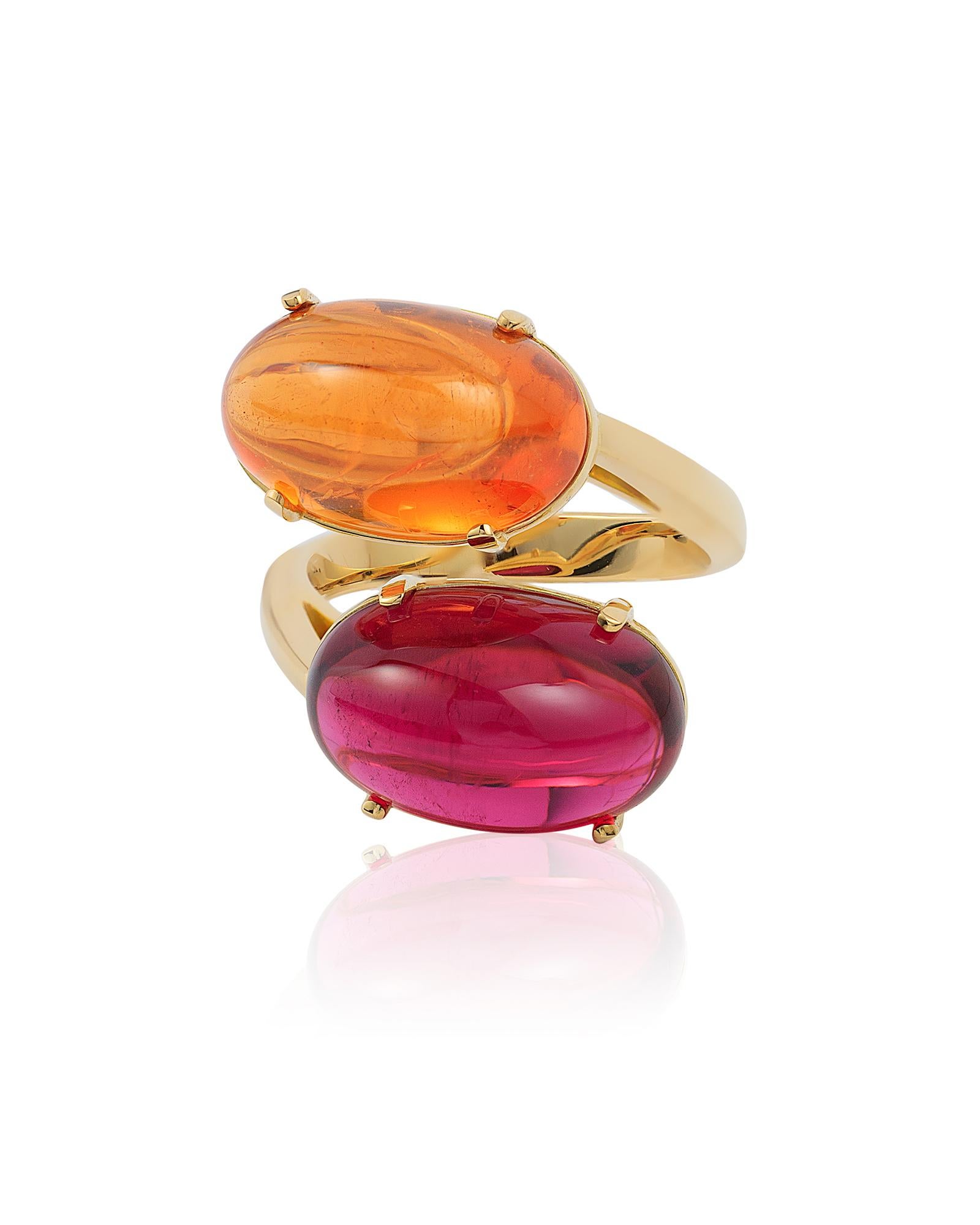 Contemporary Goshwara Mandarin Garnet and Rubelite Oval Cabochon Twin Ring