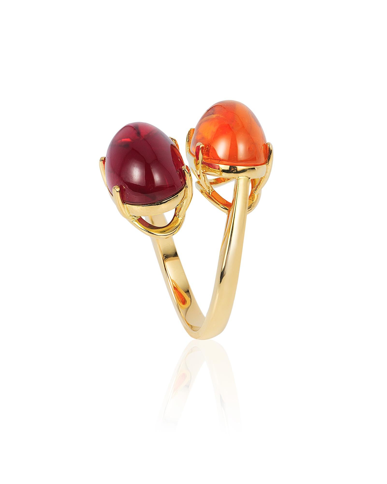 Mandarin Garnet & Rubelite Oval Cabochon Twin Ring in 18K Yellow Gold, from 'G-One' Collection

Stone Size: 16 x 10 mm 

Approx. Wt: 13.43 Carats (Mandarin Garnet), 10.11 Carats (Rubelite)
