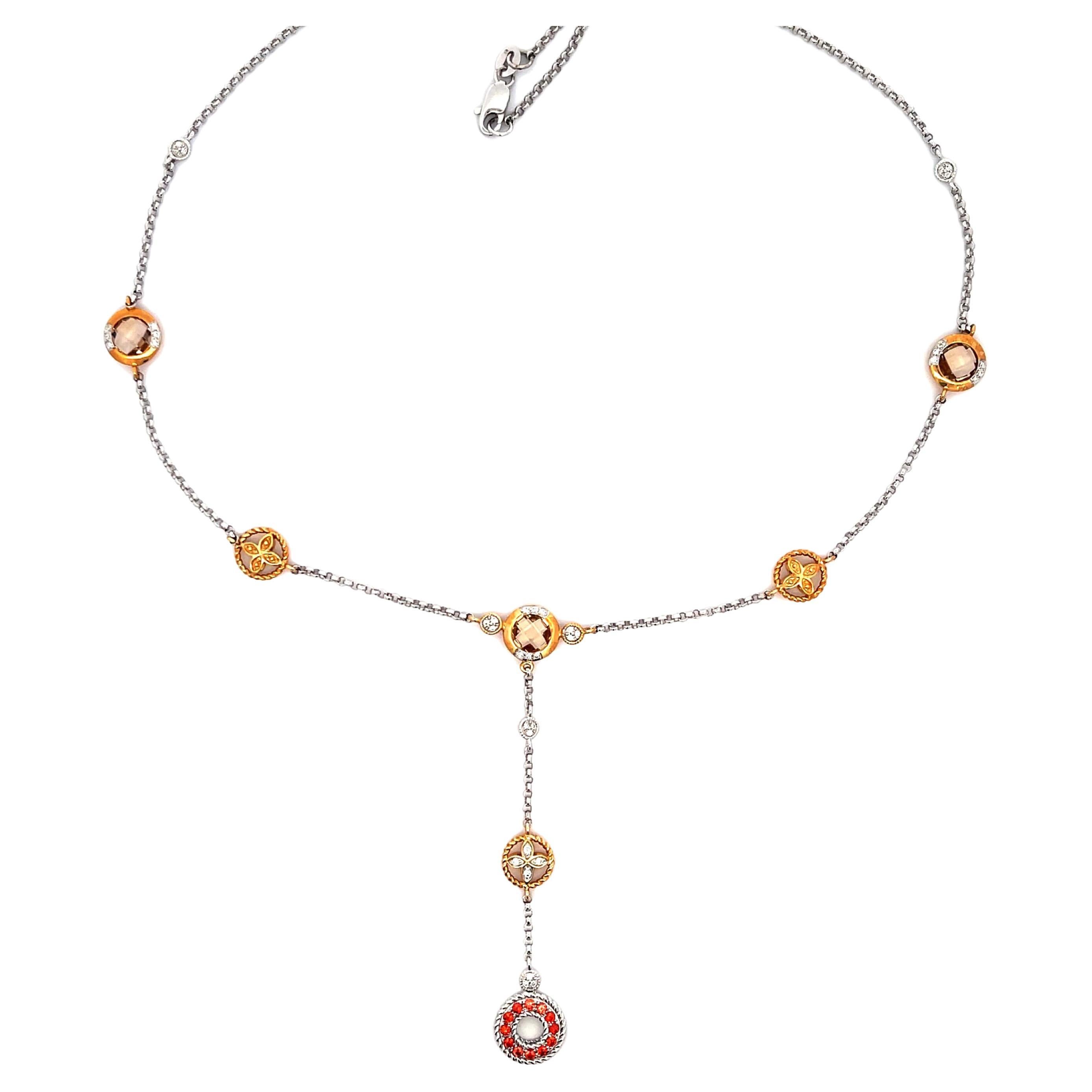 Collier de grenats mandarins, topaze fumée et diamants en or blanc et jaune 14 carats