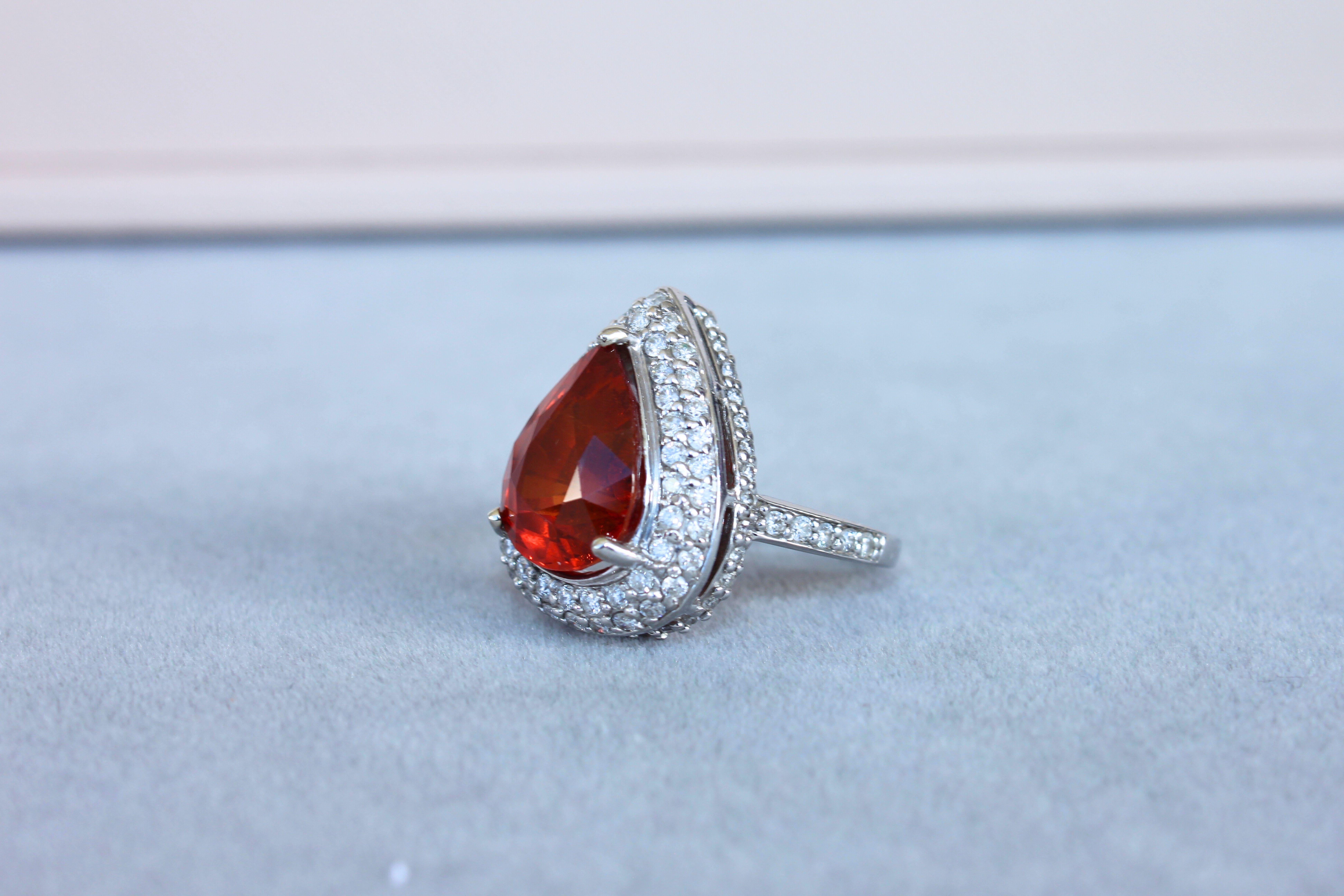 Mandarin Garnet Spessartine Pear Drop Shape Diamond Halo Pave White Gold Ring For Sale 5