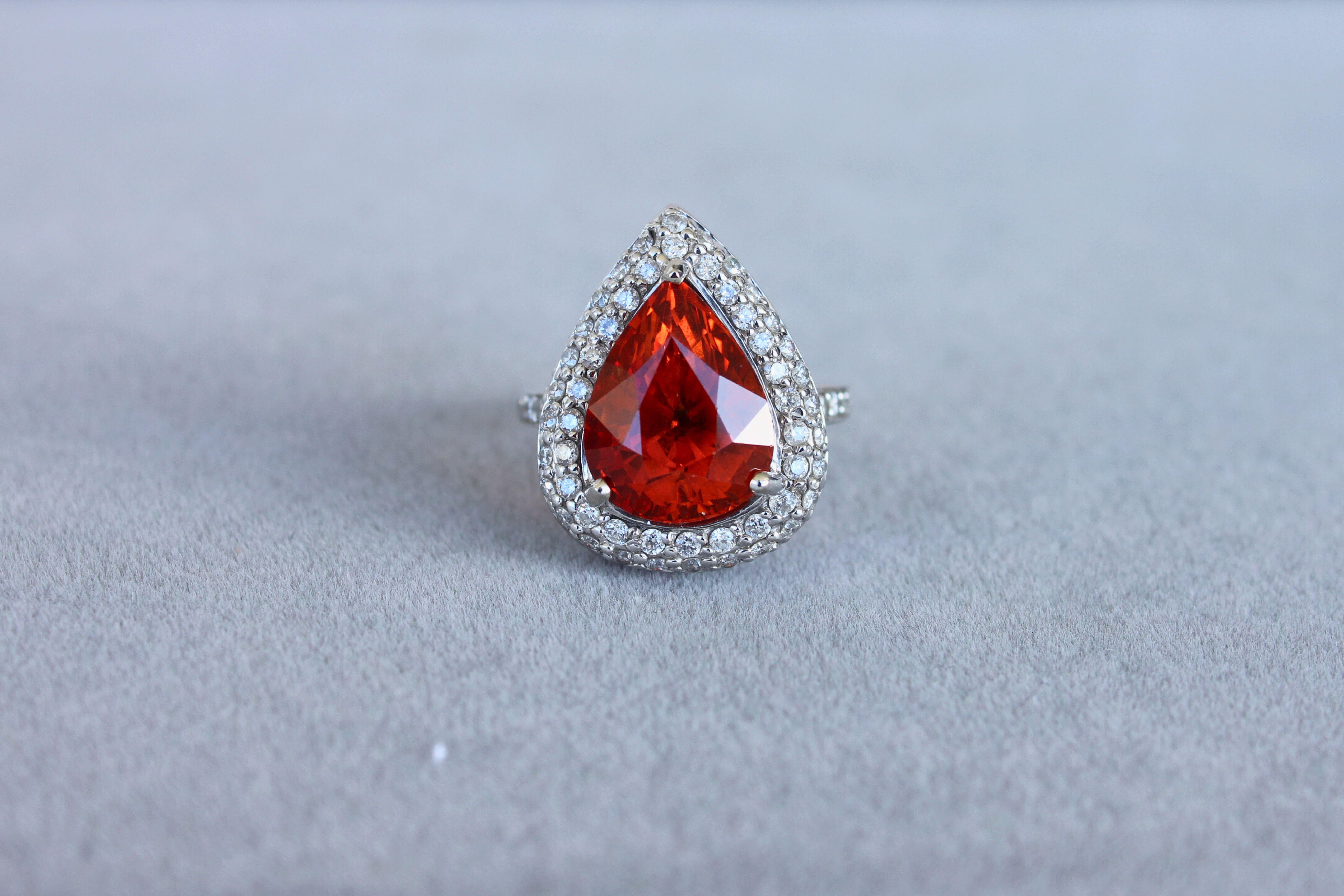 Mandarin Garnet Spessartine Pear Drop Shape Diamond Halo Pave White Gold Ring For Sale 6