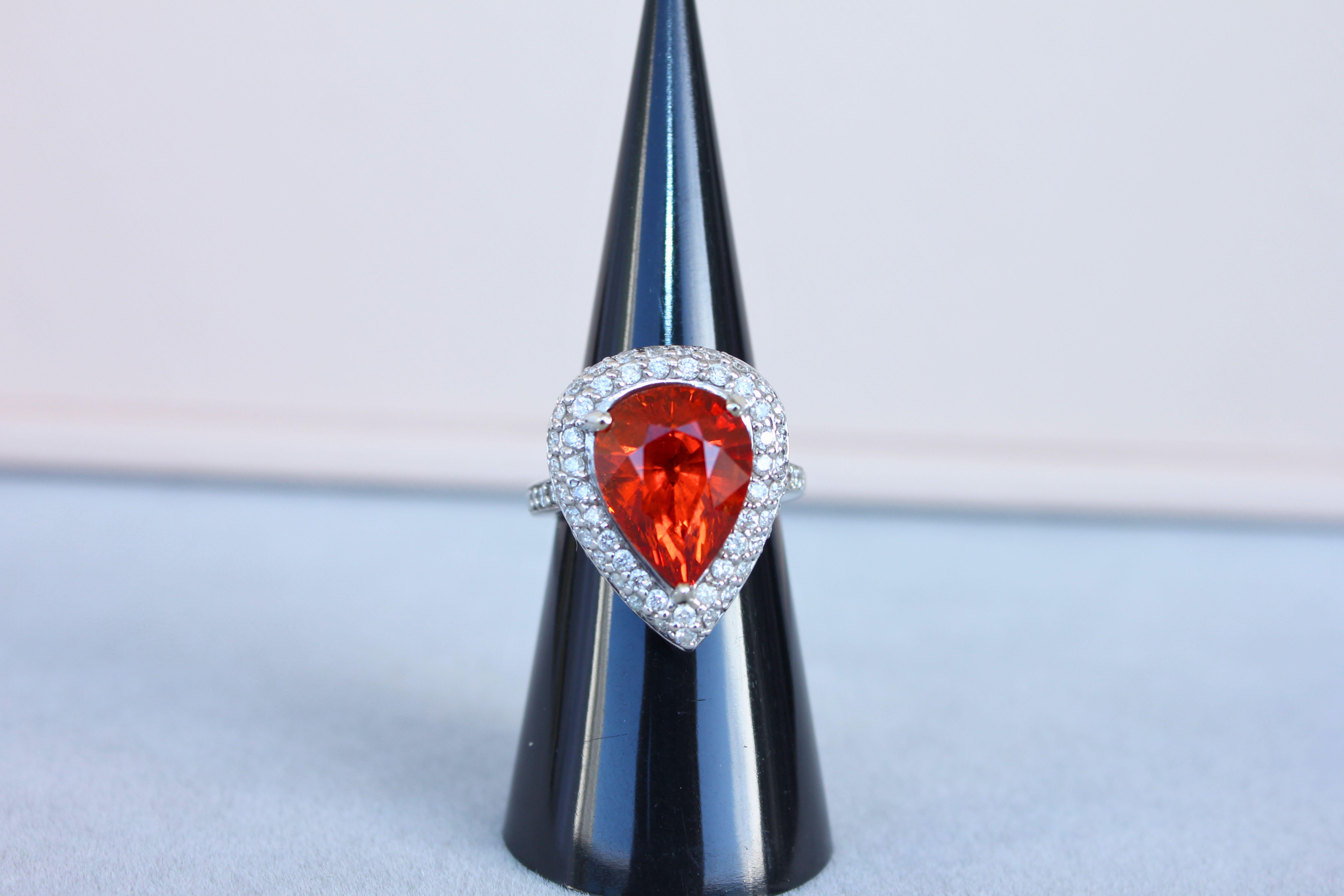 Mandarin Garnet Spessartine Pear Drop Shape Diamond Halo Pave White Gold Ring For Sale 7