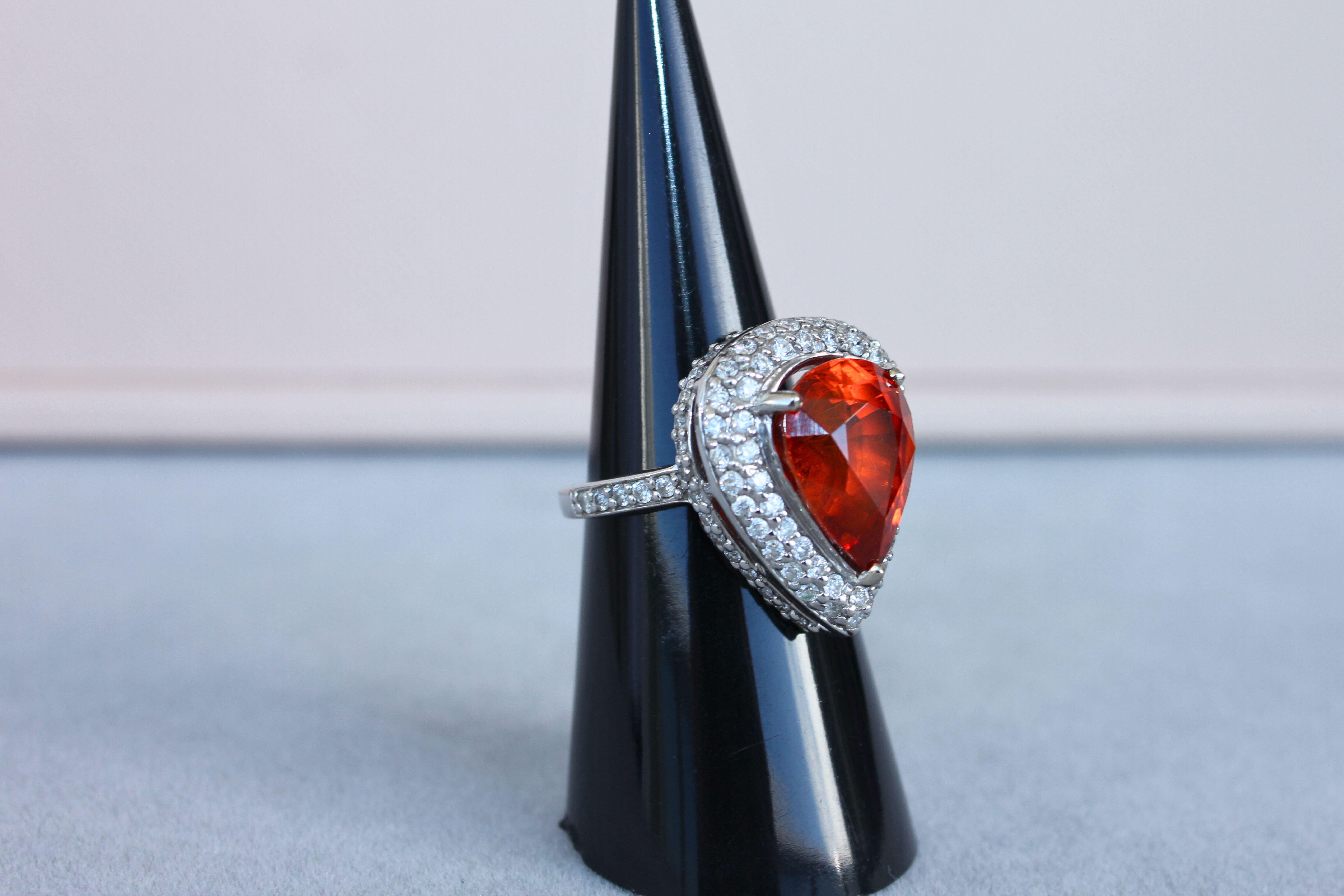 Mandarin Garnet Spessartine Pear Drop Shape Diamond Halo Pave White Gold Ring For Sale 8