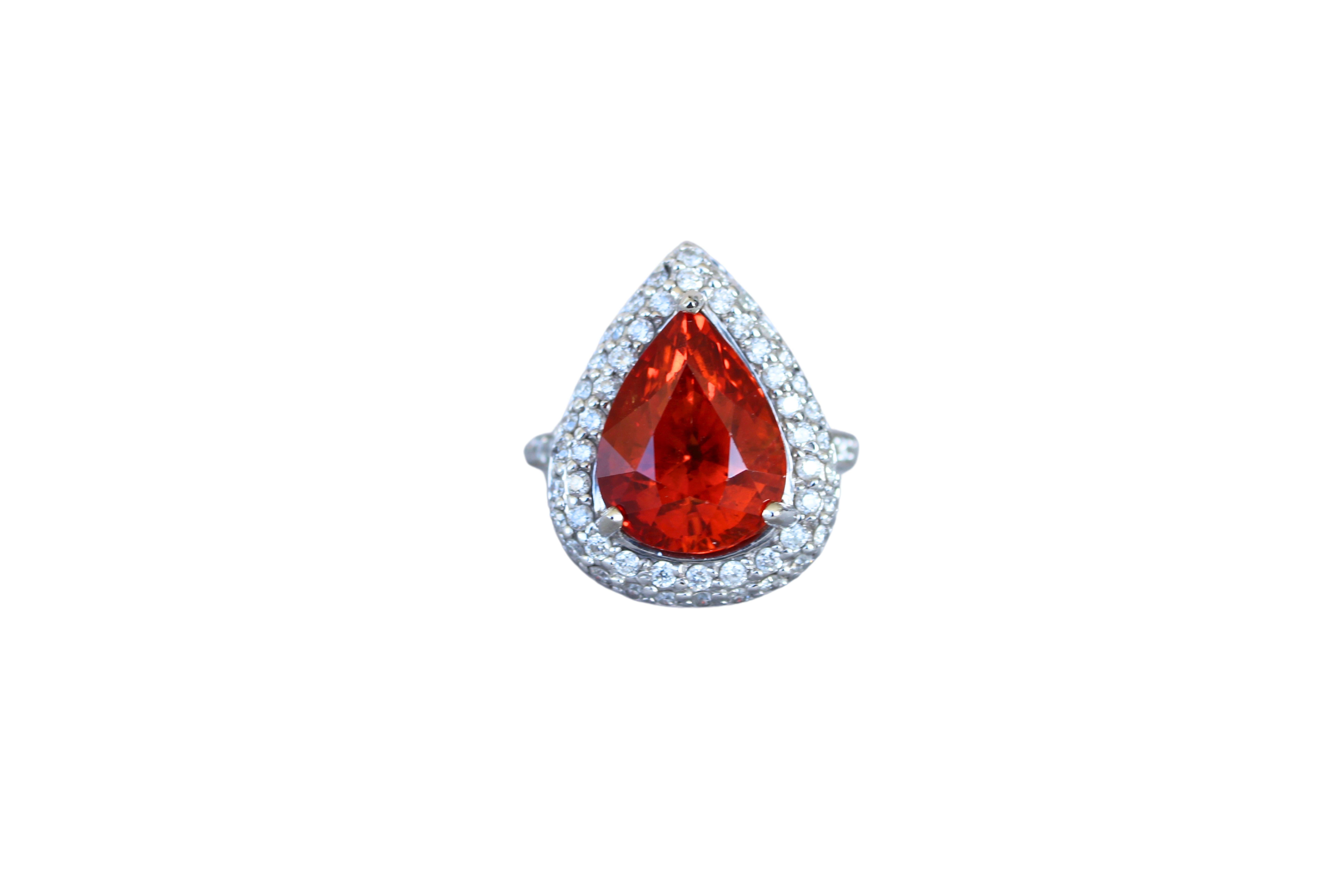Modern Mandarin Garnet Spessartine Pear Drop Shape Diamond Halo Pave White Gold Ring For Sale
