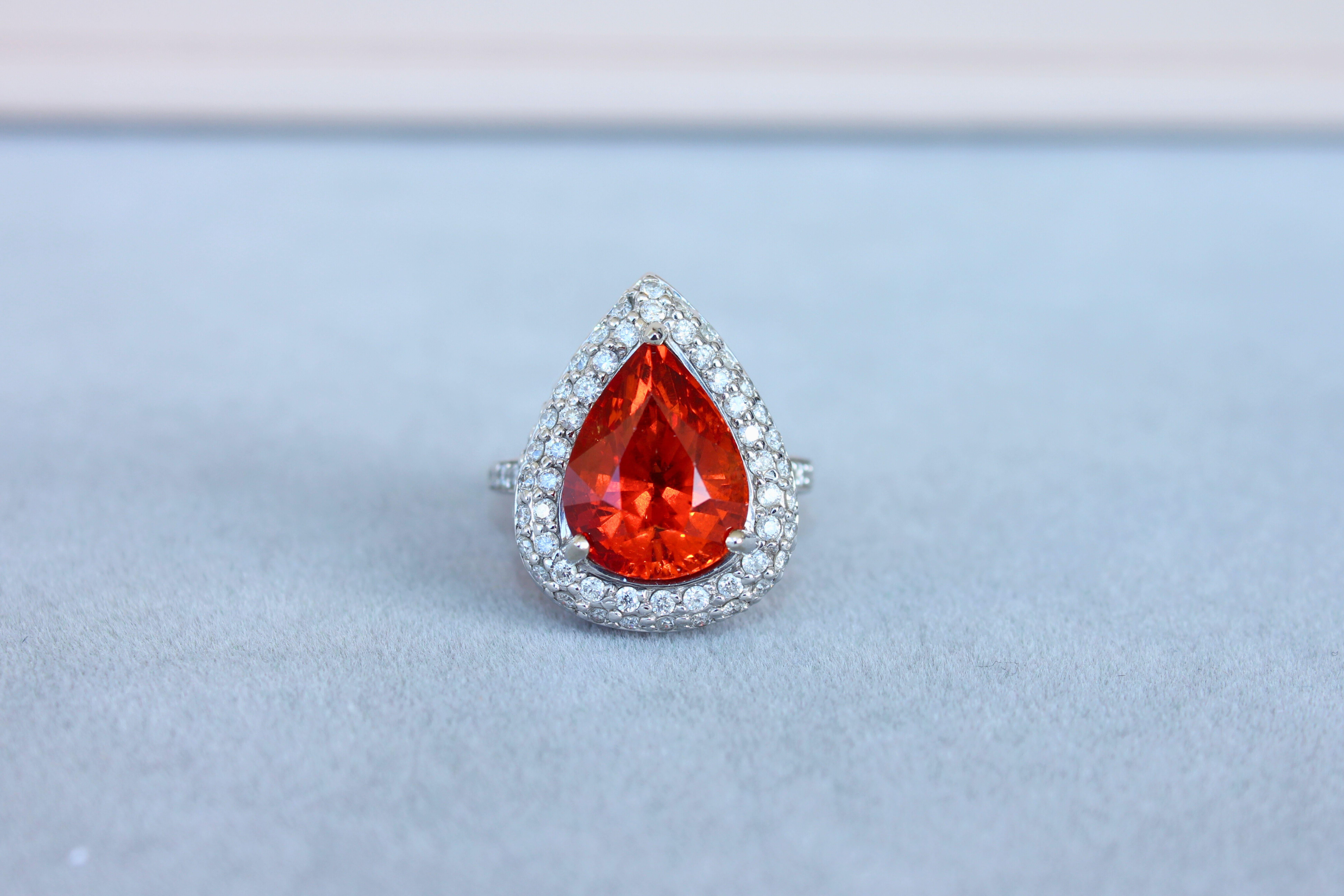 Women's Mandarin Garnet Spessartine Pear Drop Shape Diamond Halo Pave White Gold Ring For Sale