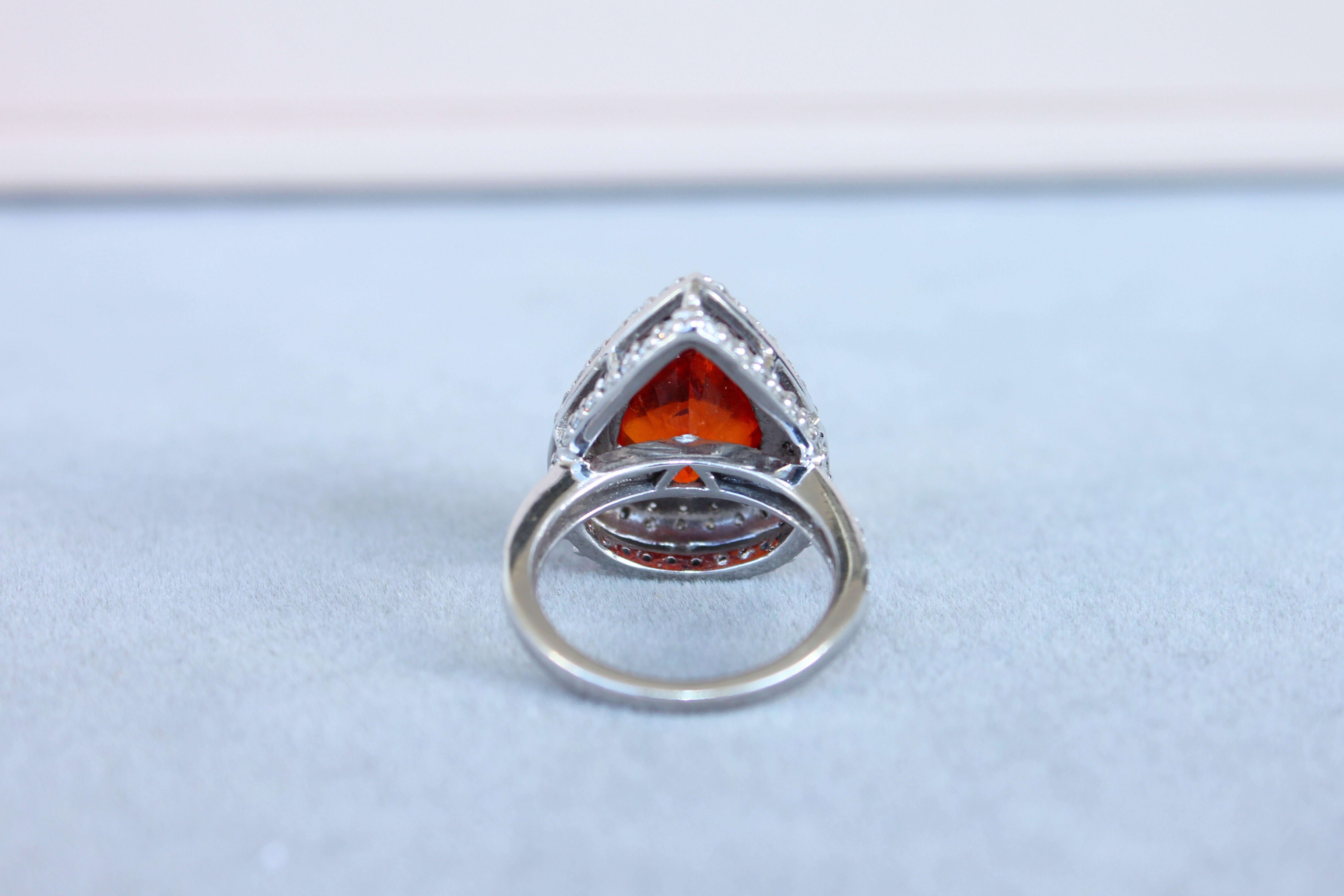 Mandarin Garnet Spessartine Pear Drop Shape Diamond Halo Pave White Gold Ring For Sale 3