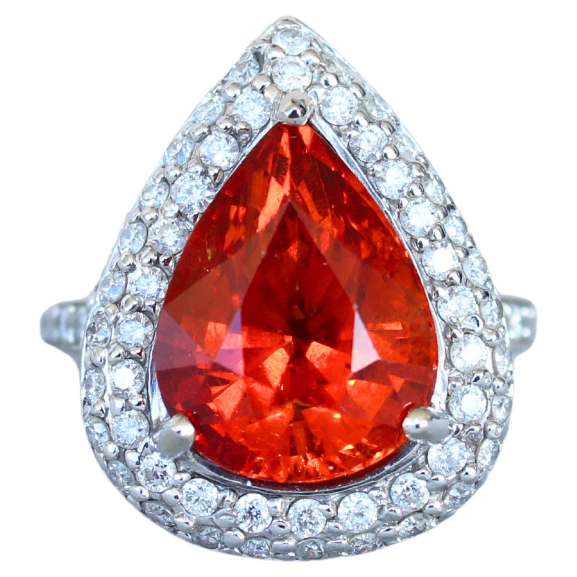 Mandarin Garnet Spessartine Pear Drop Shape Diamond Halo Pave White Gold Ring For Sale