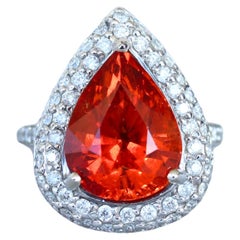 Mandarin Garnet Spessartine Pear Drop Shape Diamond Halo Pave White Gold Ring