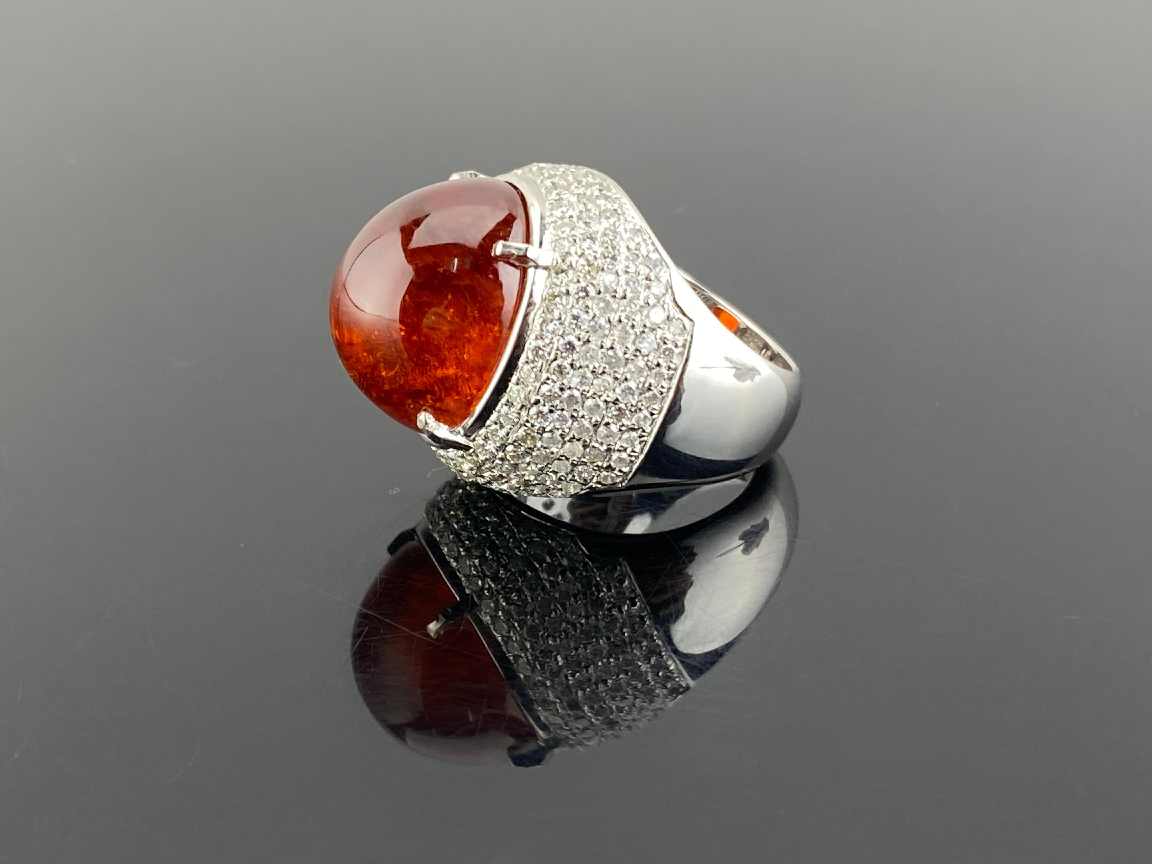 Art Nouveau Mandarin Garnet Spessatite Cabochon Cocktail Ring With Diamonds And 18K Gold  For Sale