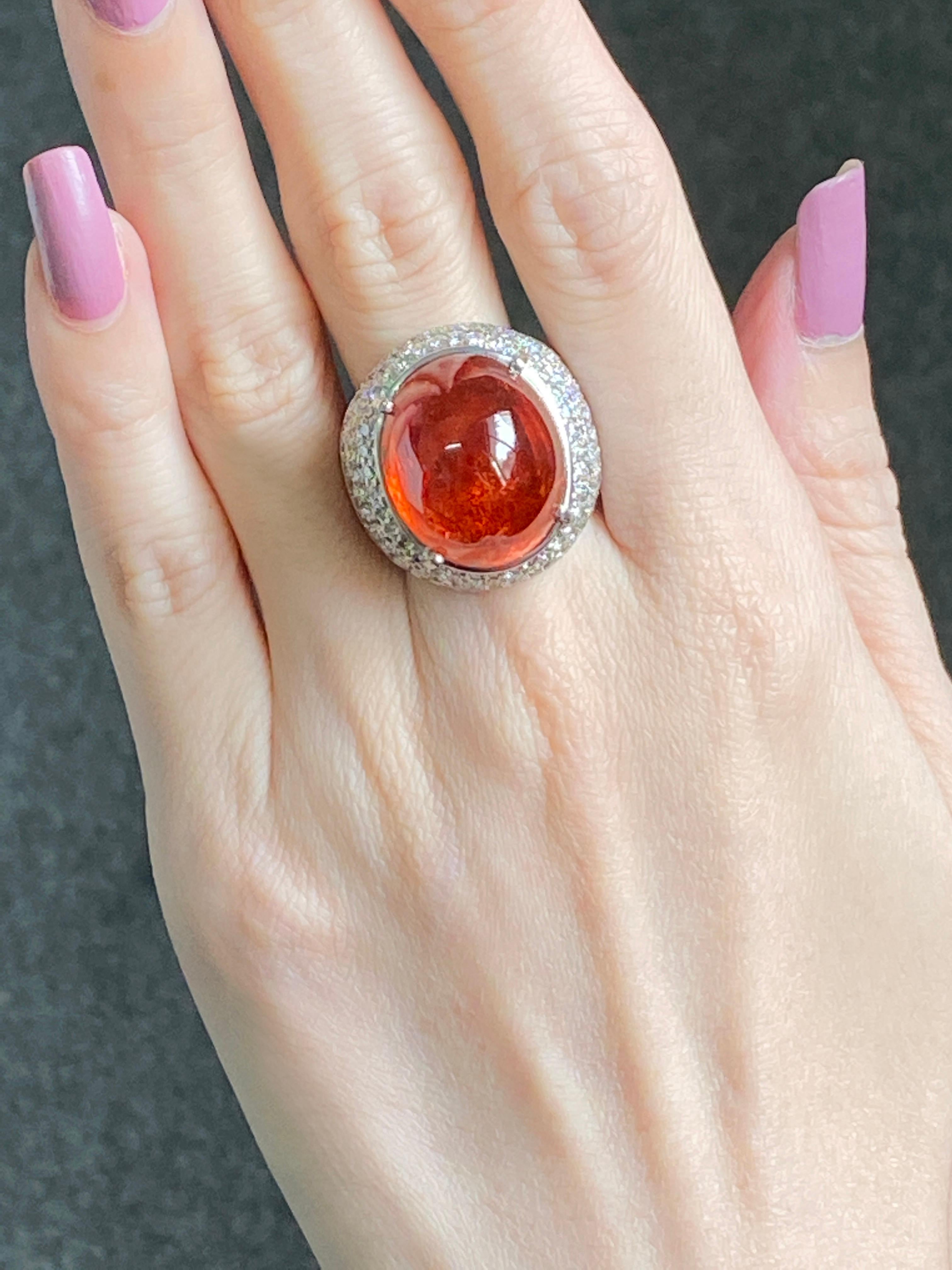 Women's Mandarin Garnet Spessatite Cabochon Cocktail Ring With Diamonds And 18K Gold  For Sale
