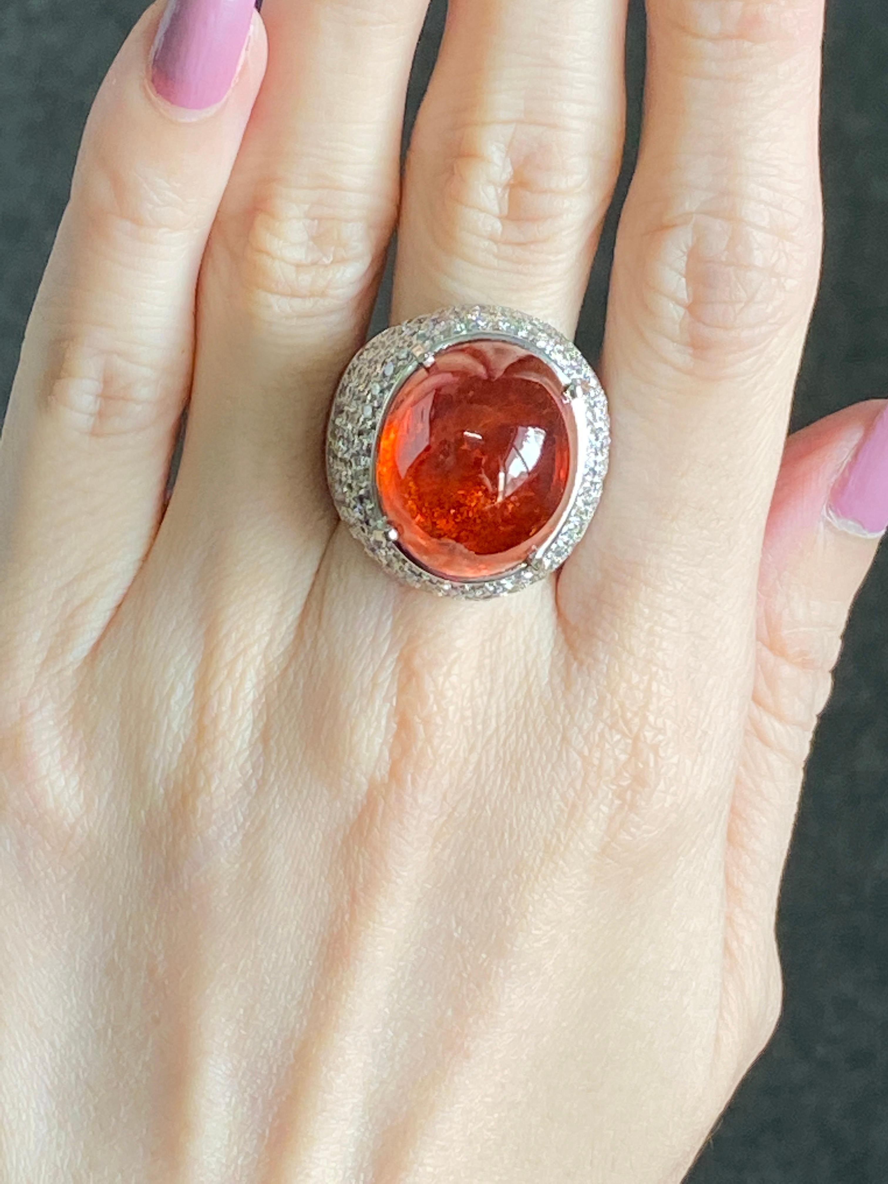 Mandarin Garnet Spessatite Cabochon Cocktail Ring With Diamonds And 18K Gold  For Sale 1