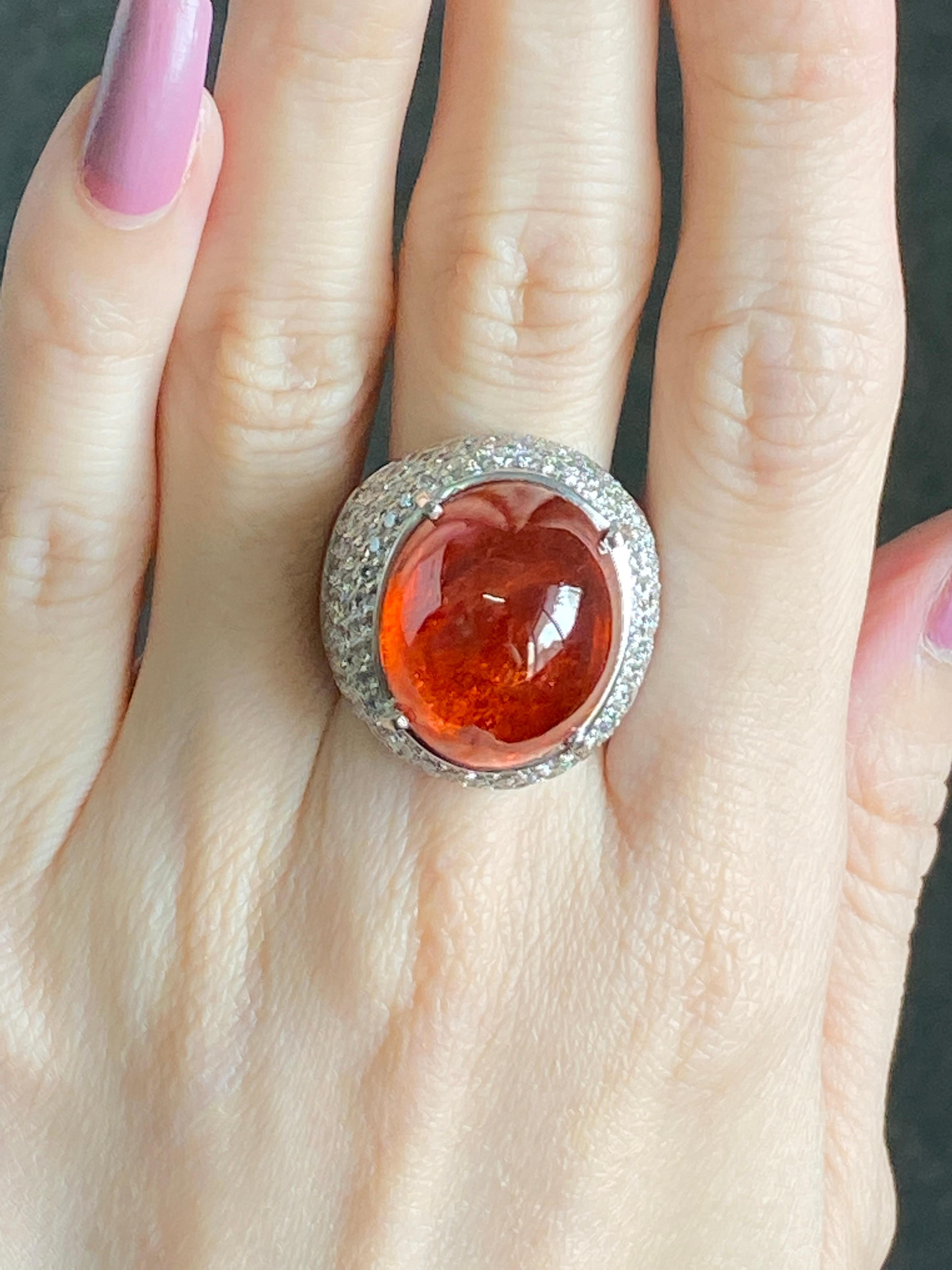 Mandarin Garnet Spessatite Cabochon Cocktail Ring With Diamonds And 18K Gold  For Sale 2