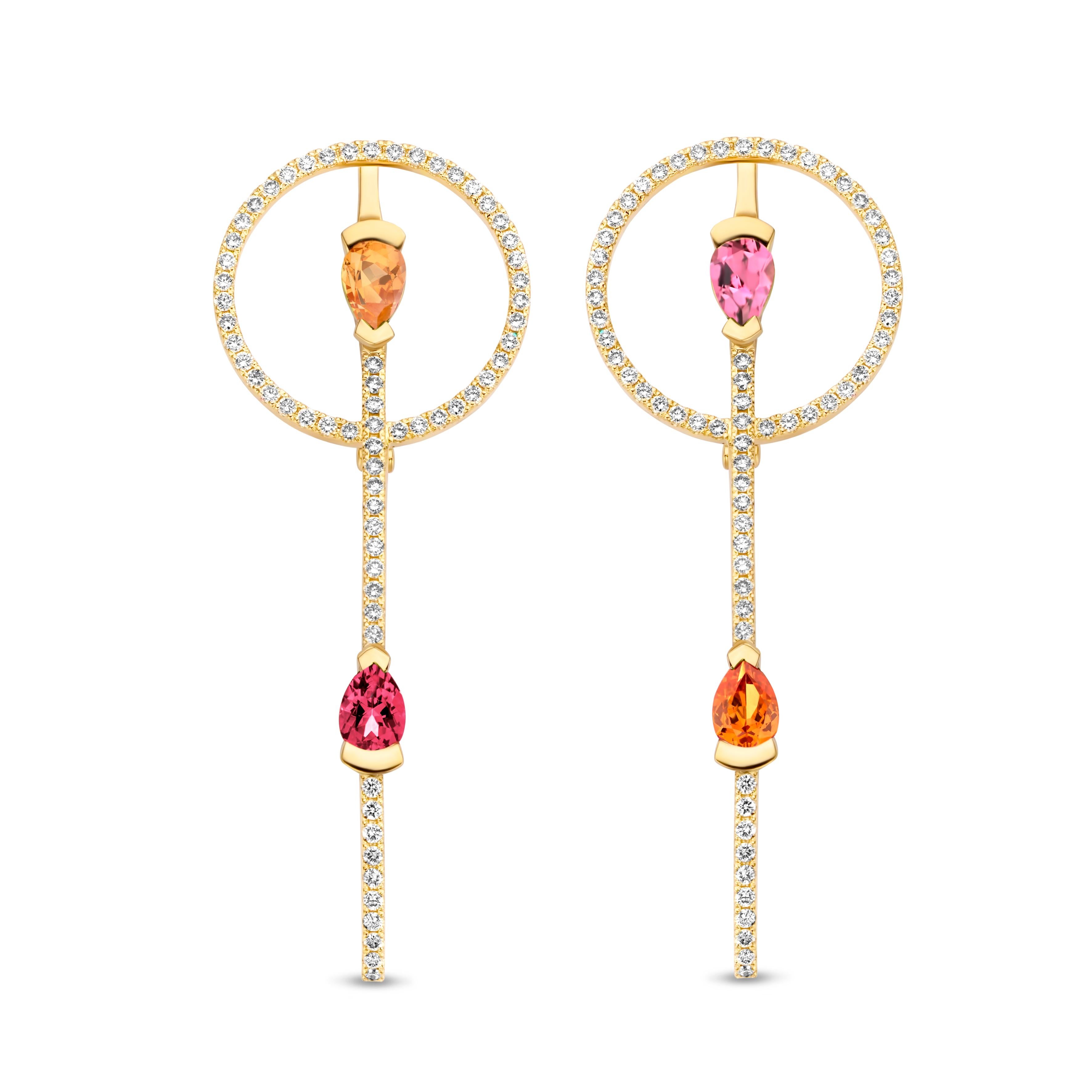 Boucles d'oreilles rondes en or rose, grenat mandarin, tourmaline, rubellite et diamant  Neuf - En vente à GENT, BE
