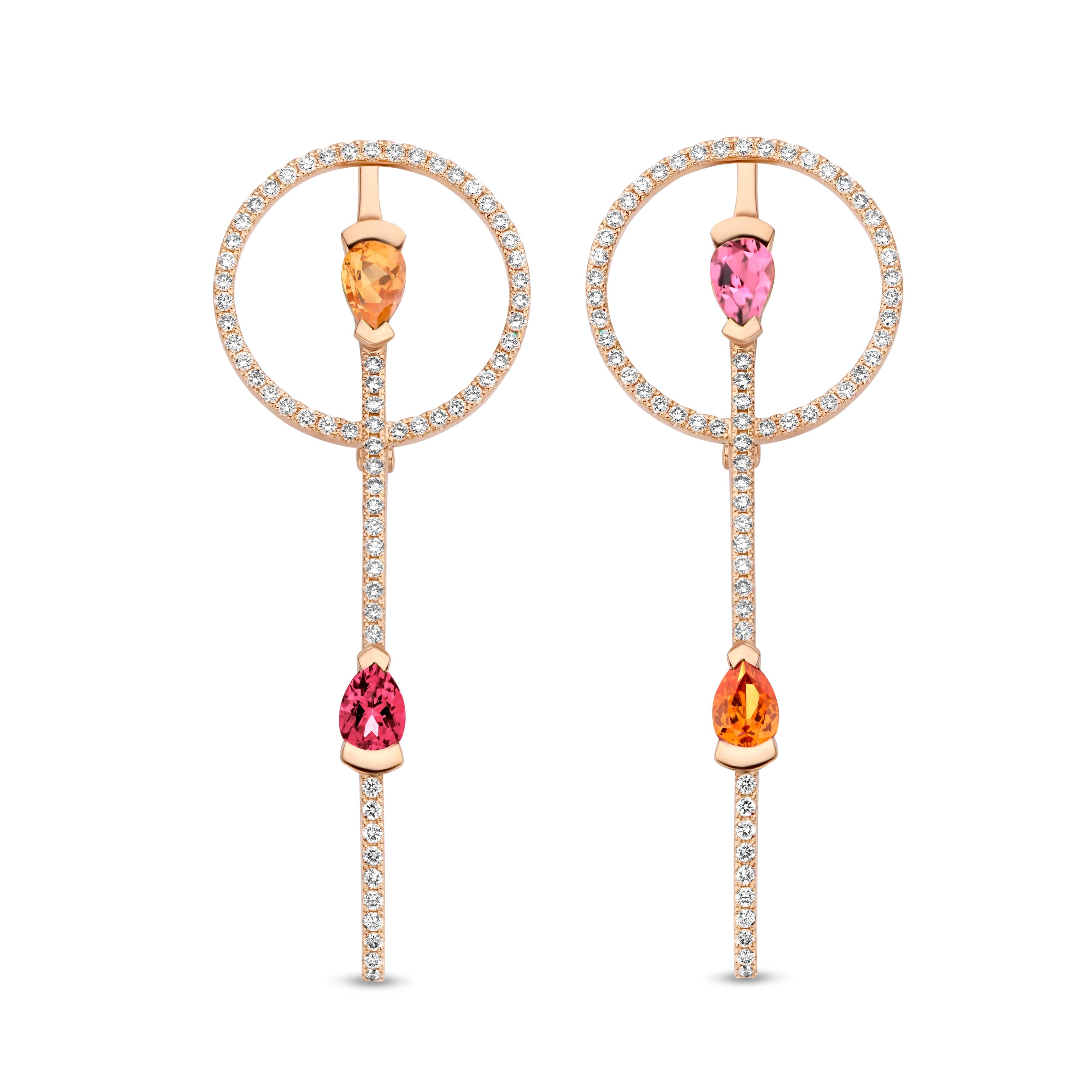 Mandarin Garnet, Tourmaline, Rubellite & Diamond Yellow Gold Round Earrings In New Condition For Sale In GENT, BE