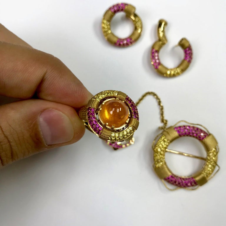 Contemporary Mandarin Garnet Yellow and Pink Sapphire 18 Karat Yellow Gold Lifebuoy Ring For Sale