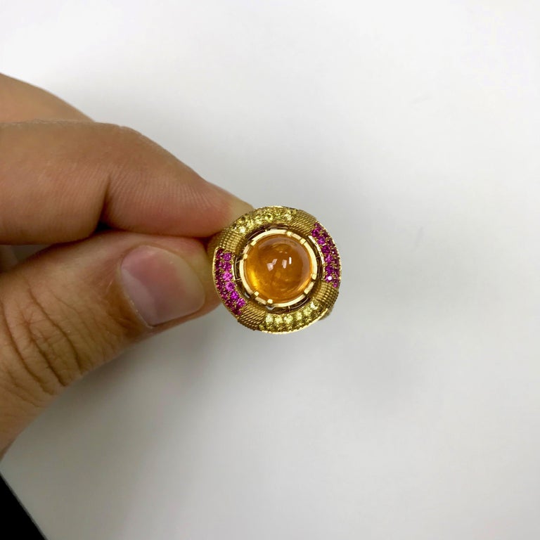 Mandarin Garnet Yellow and Pink Sapphire 18 Karat Yellow Gold Lifebuoy Ring In New Condition For Sale In Bangkok, TH
