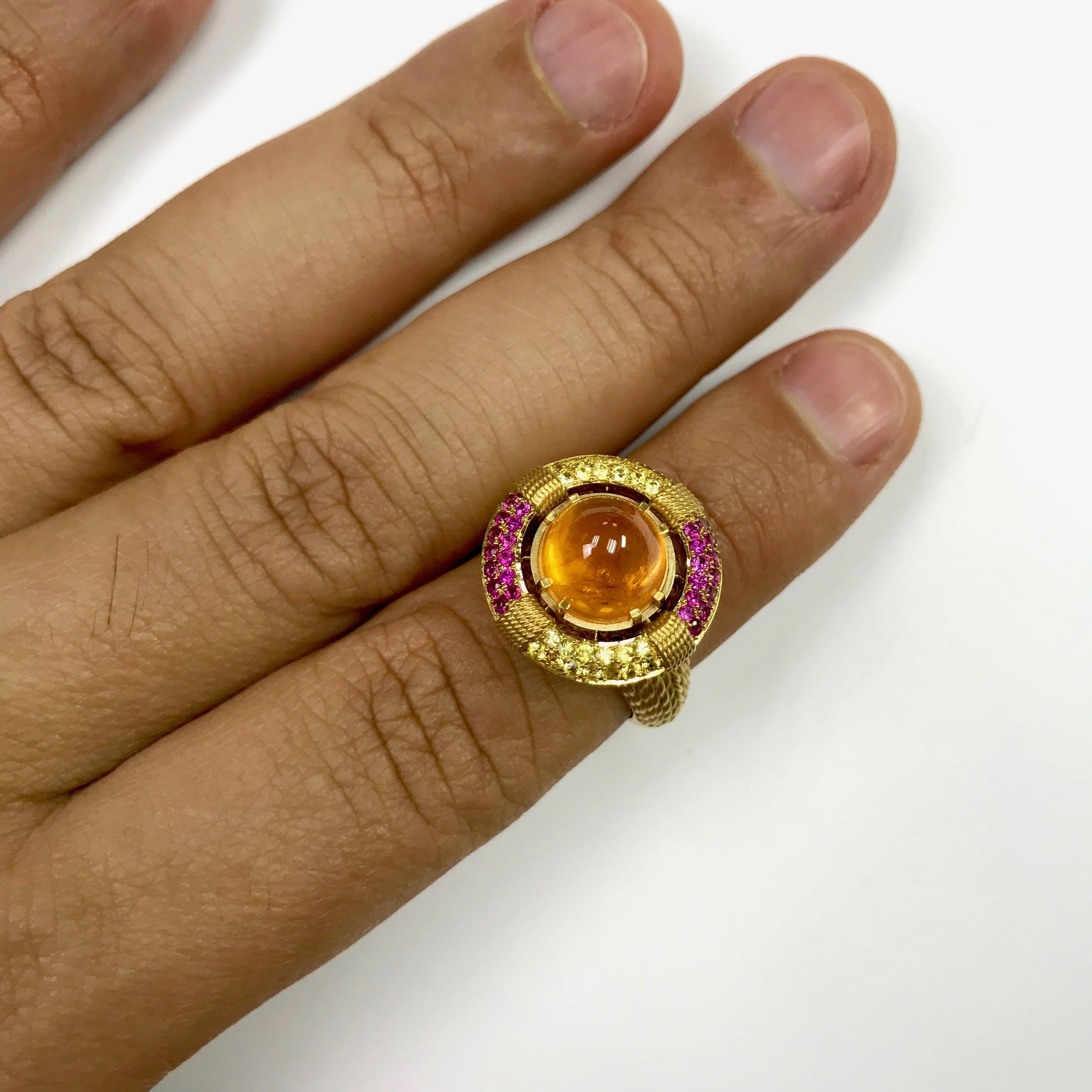 Mandarin Garnet Yellow and Pink Sapphire 18 Karat Yellow Gold Lifebuoy Ring In New Condition For Sale In Bangkok, TH