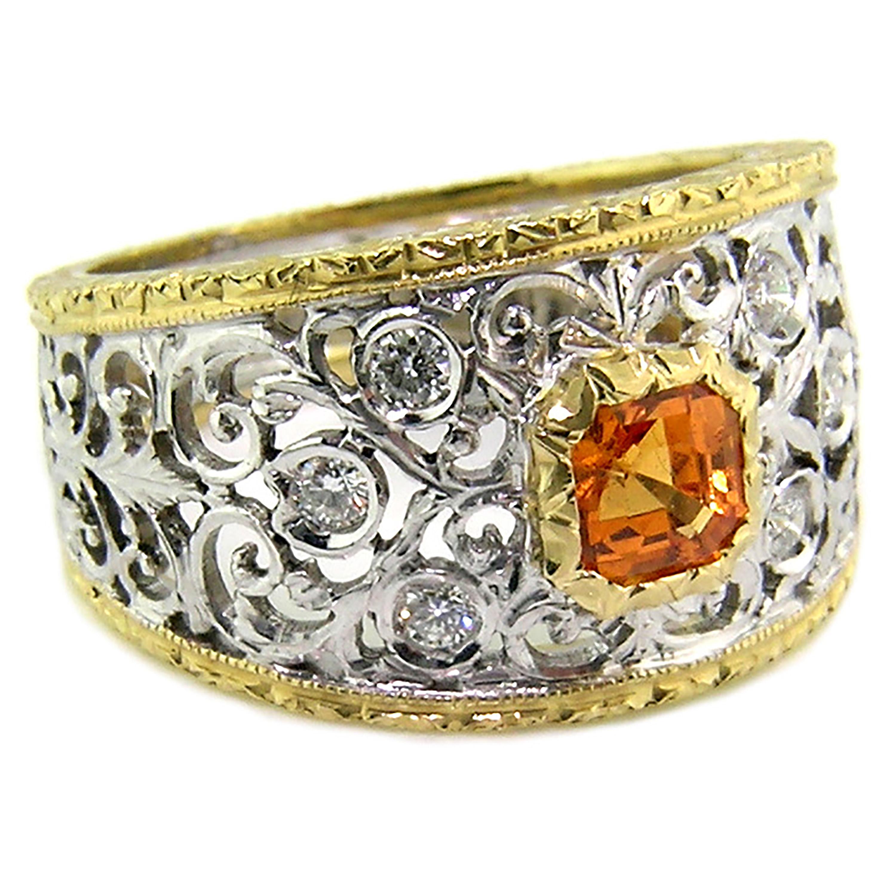 This lively Mandarin garnet sizzles with bright and brilliant color. The warmth and intensity of this spessartite garnet is harnessed perfectly by the elegantly executed cut. By definition, this garnet is a completely natural color with no