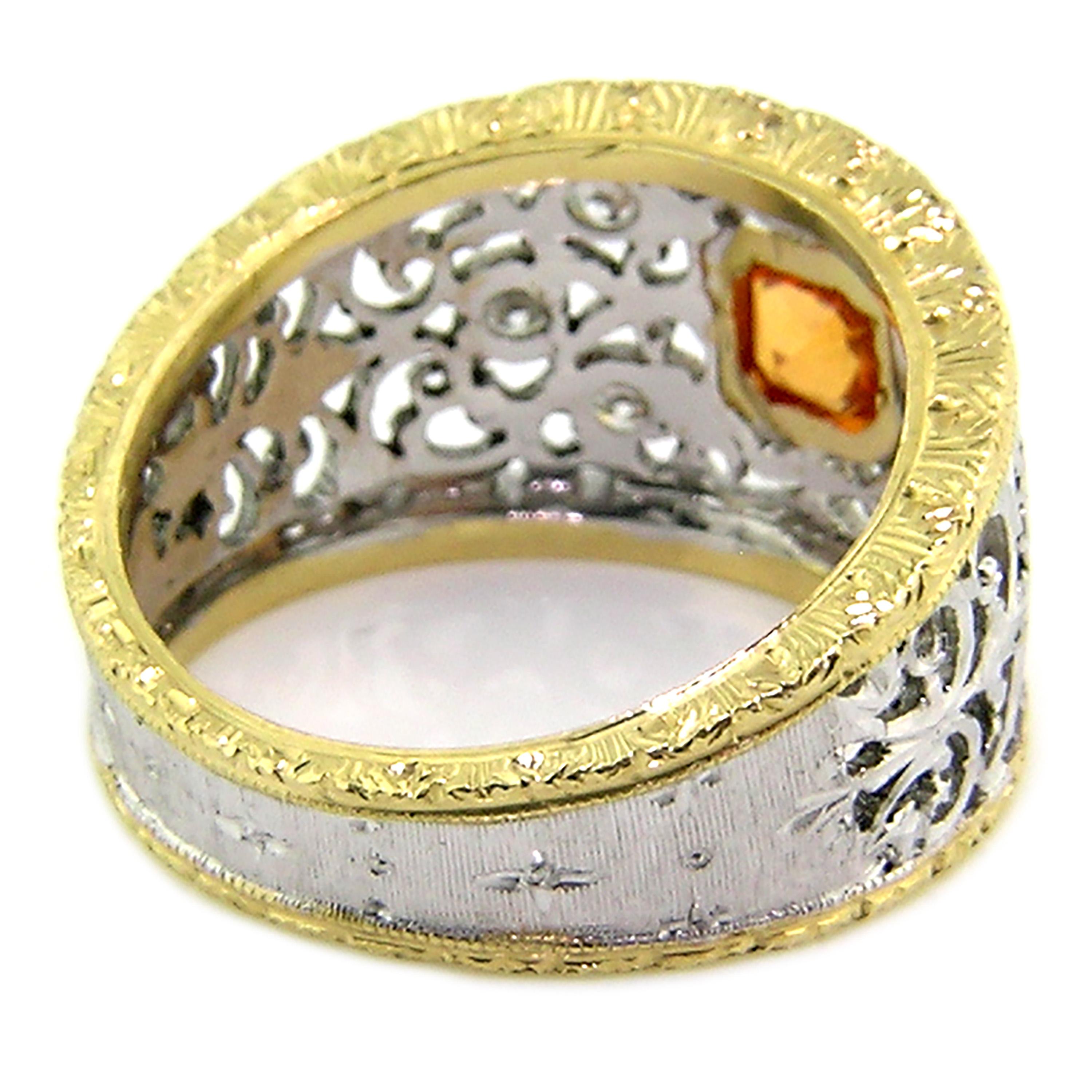 Asscher Cut Mandarin Spessartite Garnet and Diamond 18kt Ring, Made in Florence, Italy For Sale