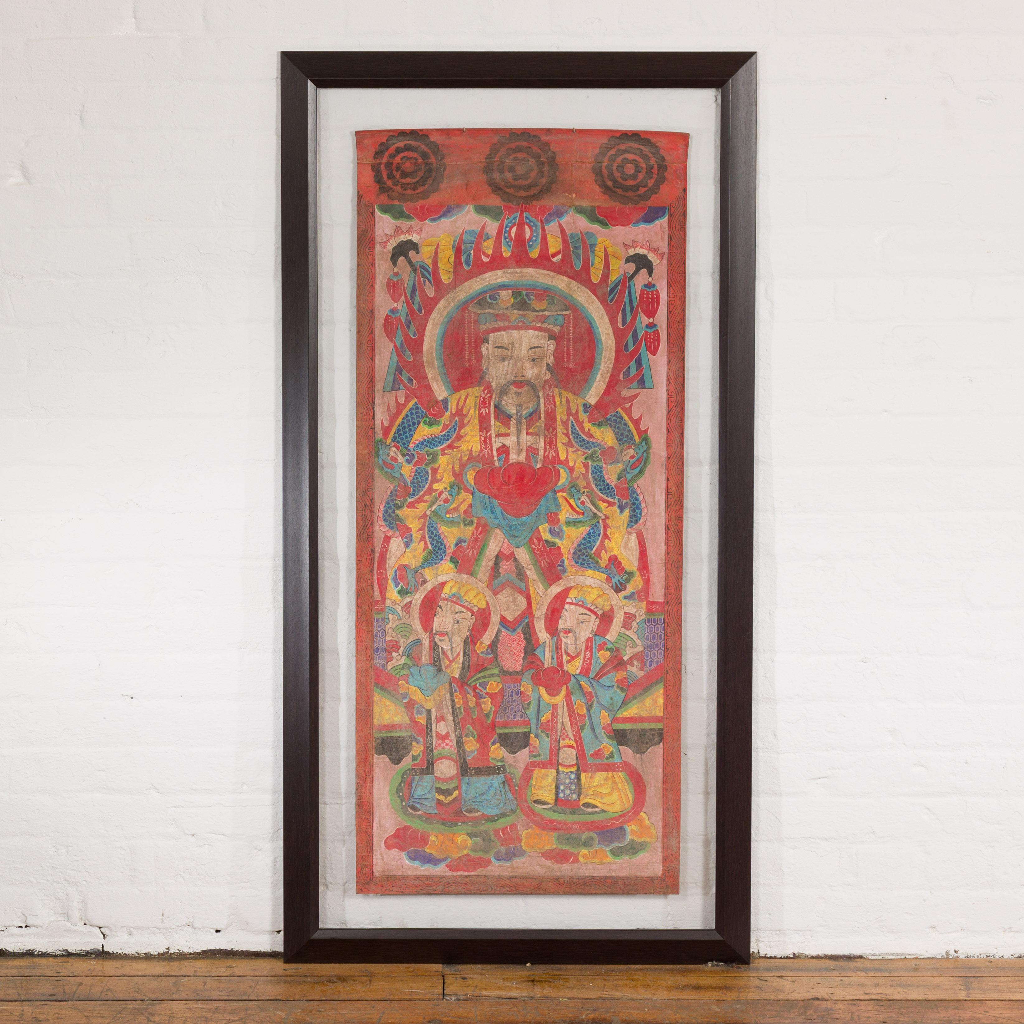 Mandarin Taoist Chinese ceremonial scroll portrait painting in custom plexiglass frame. Exuding an air of spiritual significance and artistic mastery, this Mandarin Taoist Chinese ceremonial scroll portrait painting captivates the viewer with its