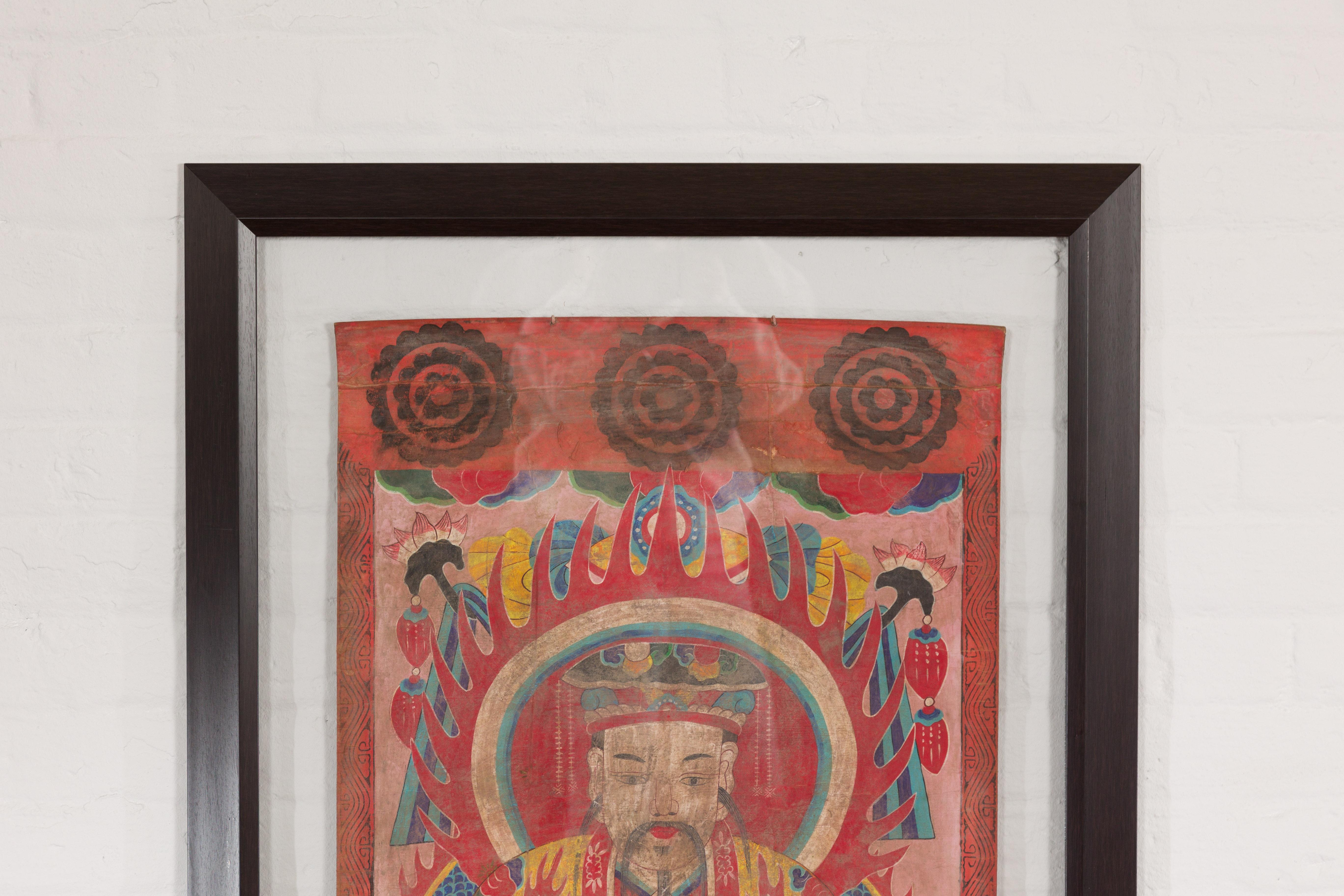 Mandarin Taoist Ceremonial Chinese Scroll Portrait Painting in Custom Frame In Good Condition For Sale In Yonkers, NY
