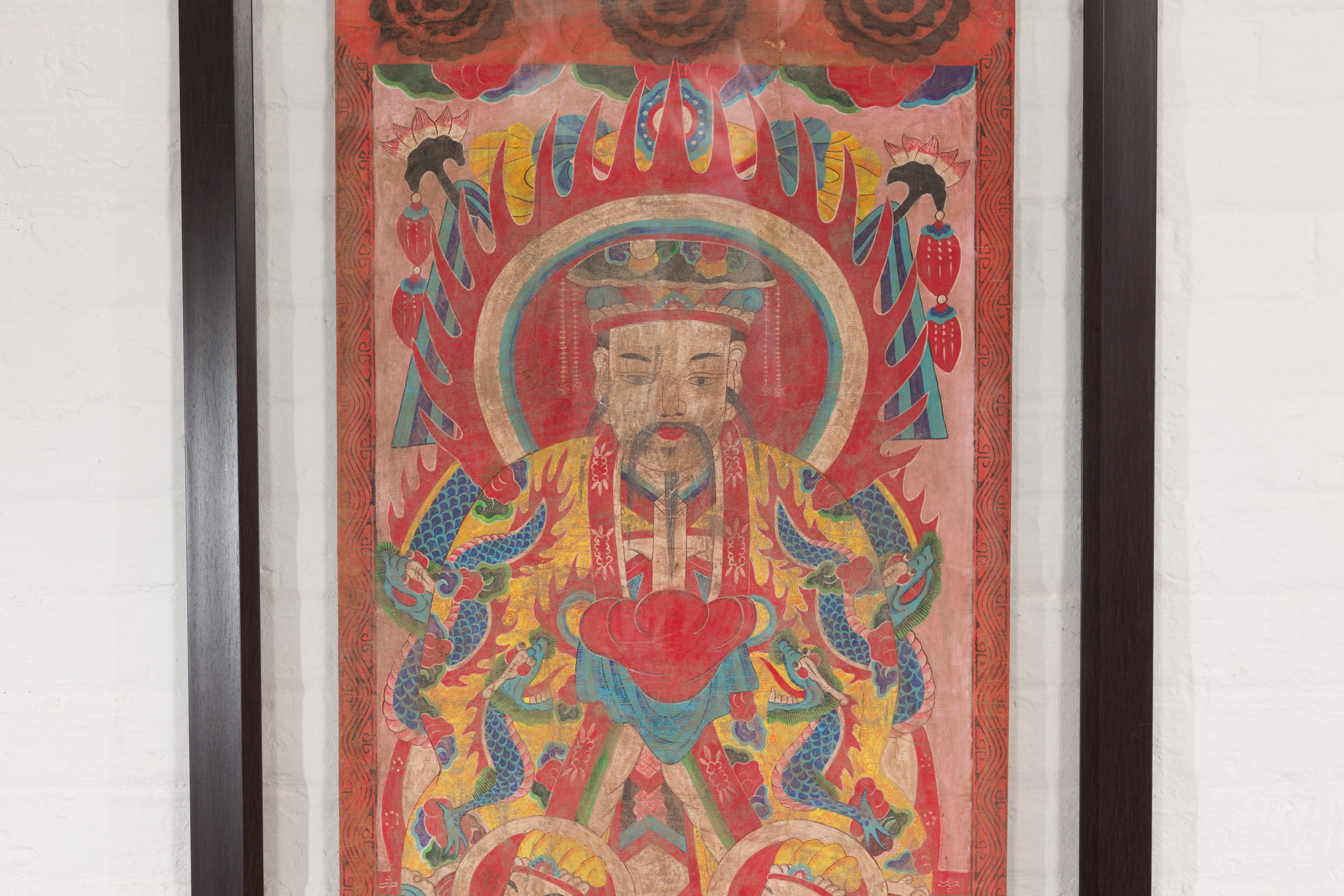 19th Century Mandarin Taoist Ceremonial Chinese Scroll Portrait Painting in Custom Frame For Sale