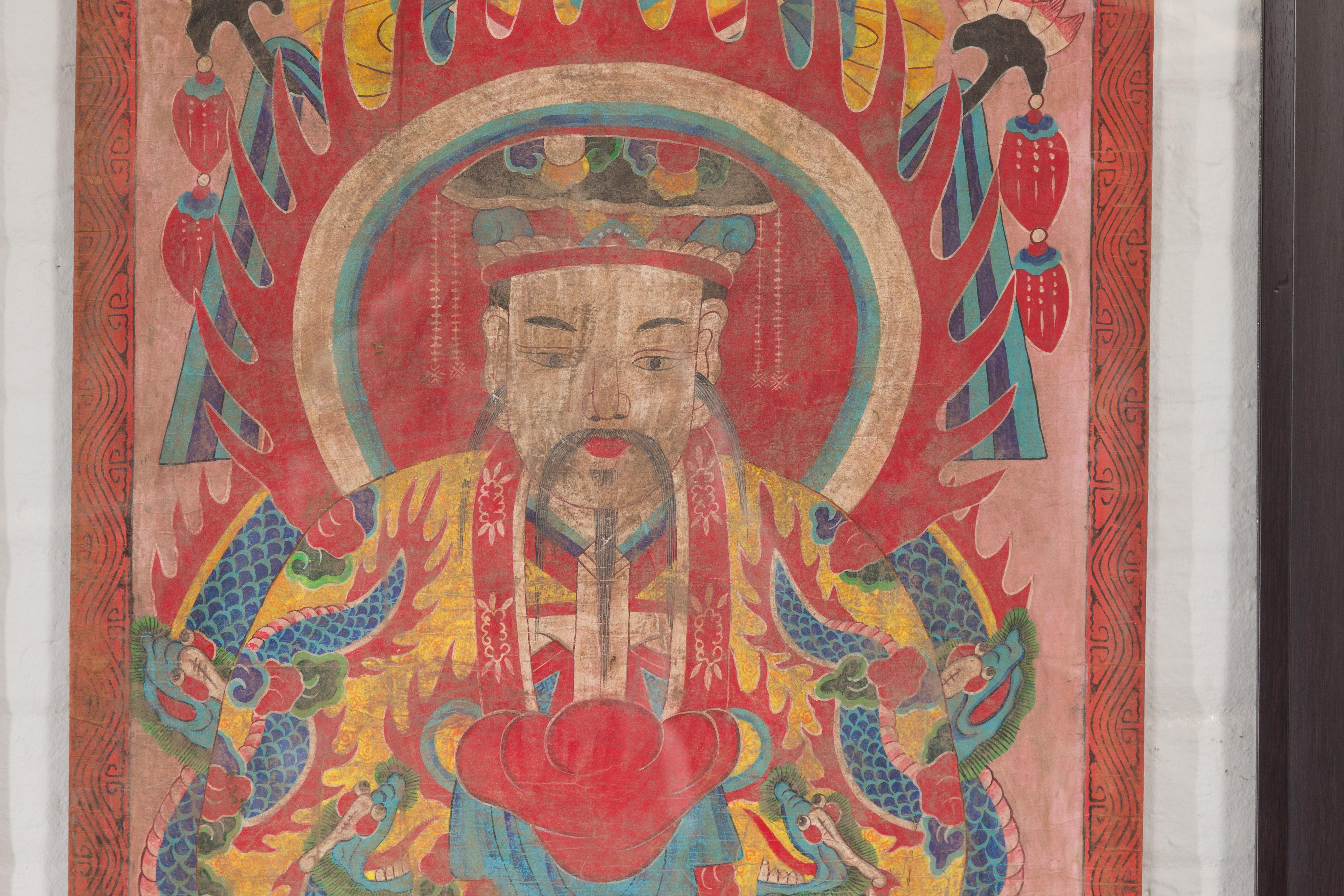 Mandarin Taoistisches zeremonielles chinesisches Porträtgemälde mit Schnörkeln in maßgefertigtem Rahmen (Plexiglas) im Angebot