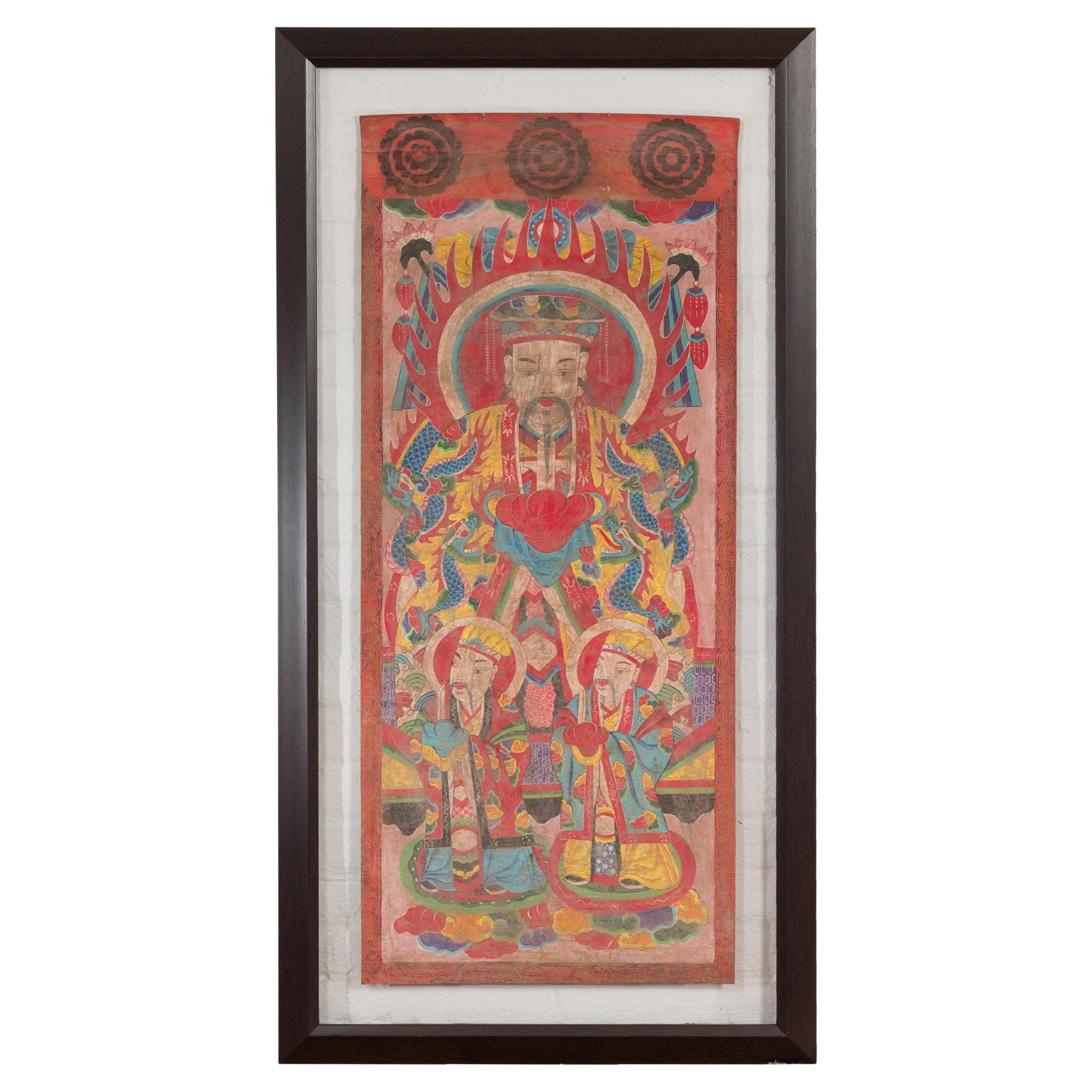 Mandarin Taoist Ceremonial Chinese Scroll Portrait Painting in Custom Frame For Sale