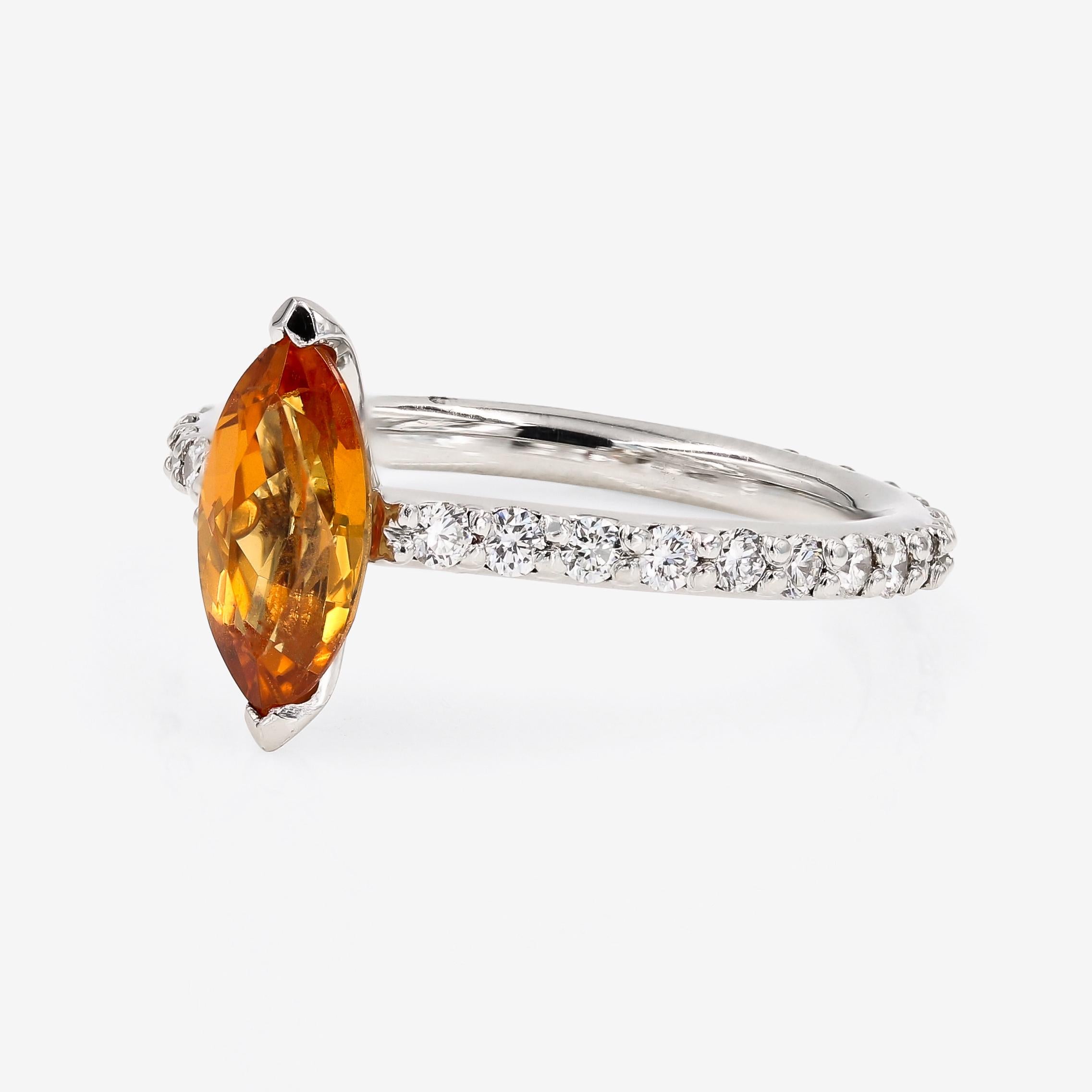 Marquise Cut Mandarine Garnet and Ideal Cut Round Diamond Platinum Ring