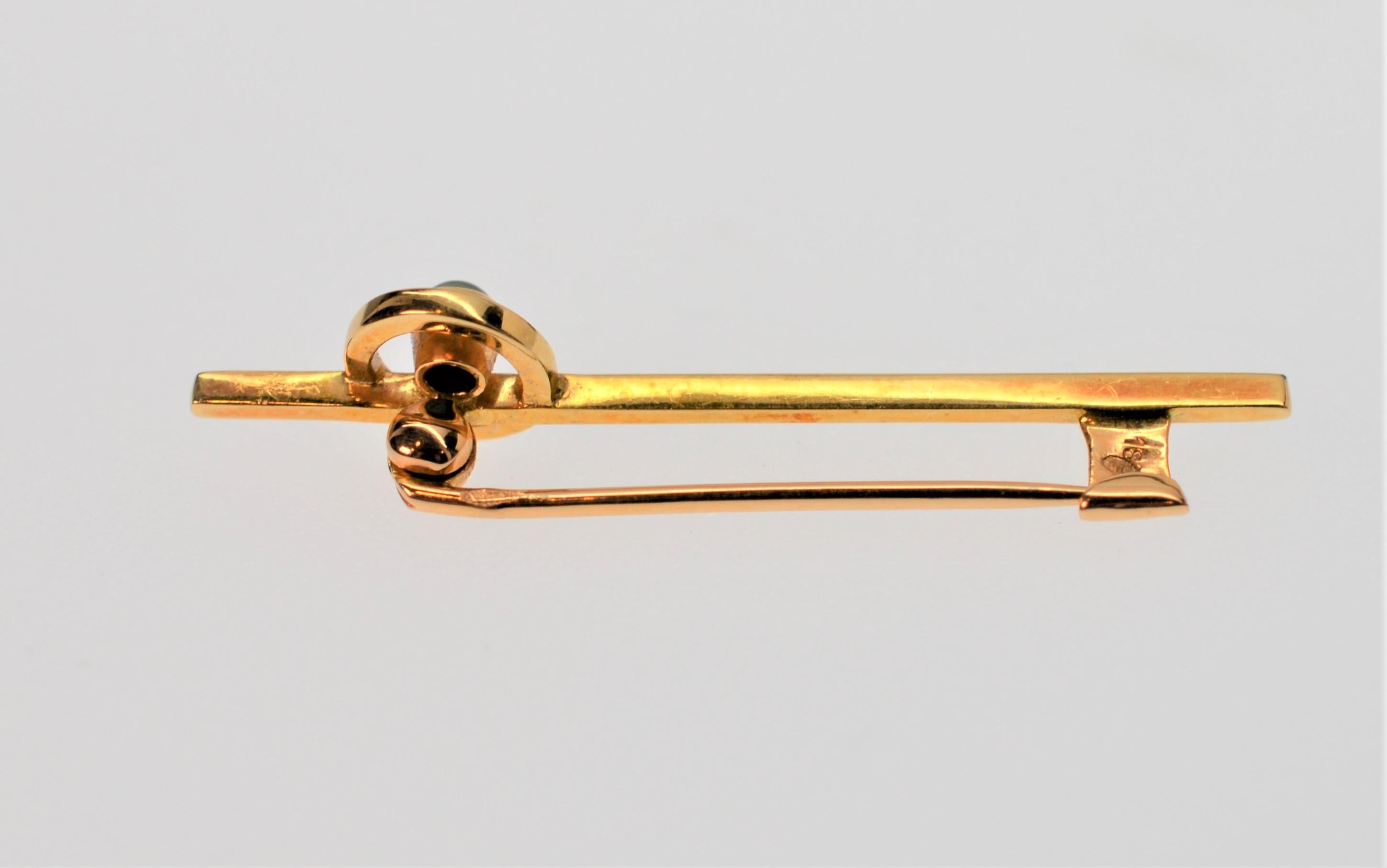 Art Deco Mandelli Cahors 14K Yellow Gold Stick Pin w Blue Sapphire Cabachon in Orig Box 