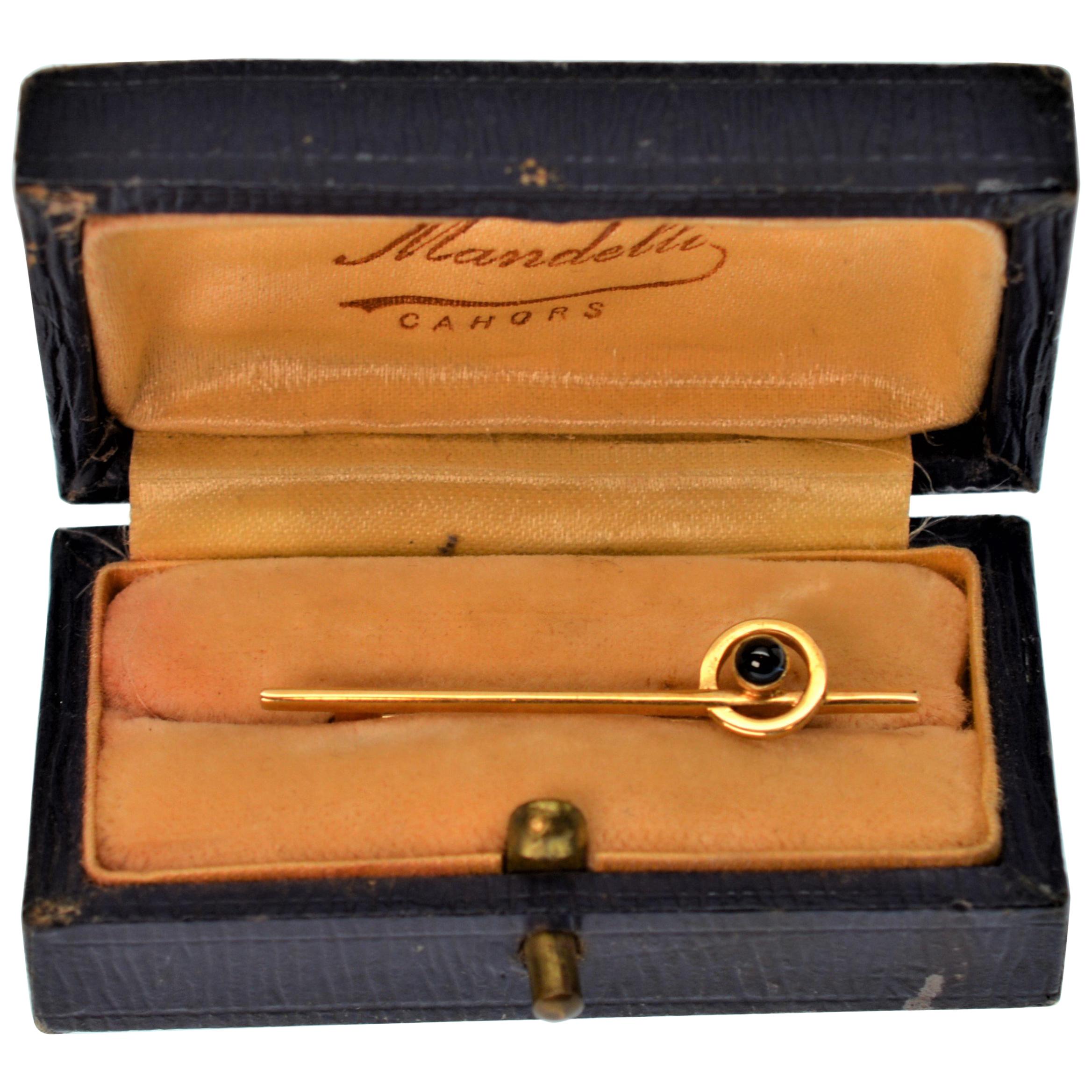 Mandelli Cahors 14K Yellow Gold Stick Pin w Blue Sapphire Cabachon in Orig Box 