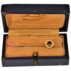 Mandelli Cahors 14K Yellow Gold Stick Pin w Blue Sapphire Cabachon in Orig Box 
