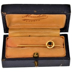 Mandelli Cahors 14K Yellow Gold Stick Pin w Blue Sapphire Cabachon in Orig Box