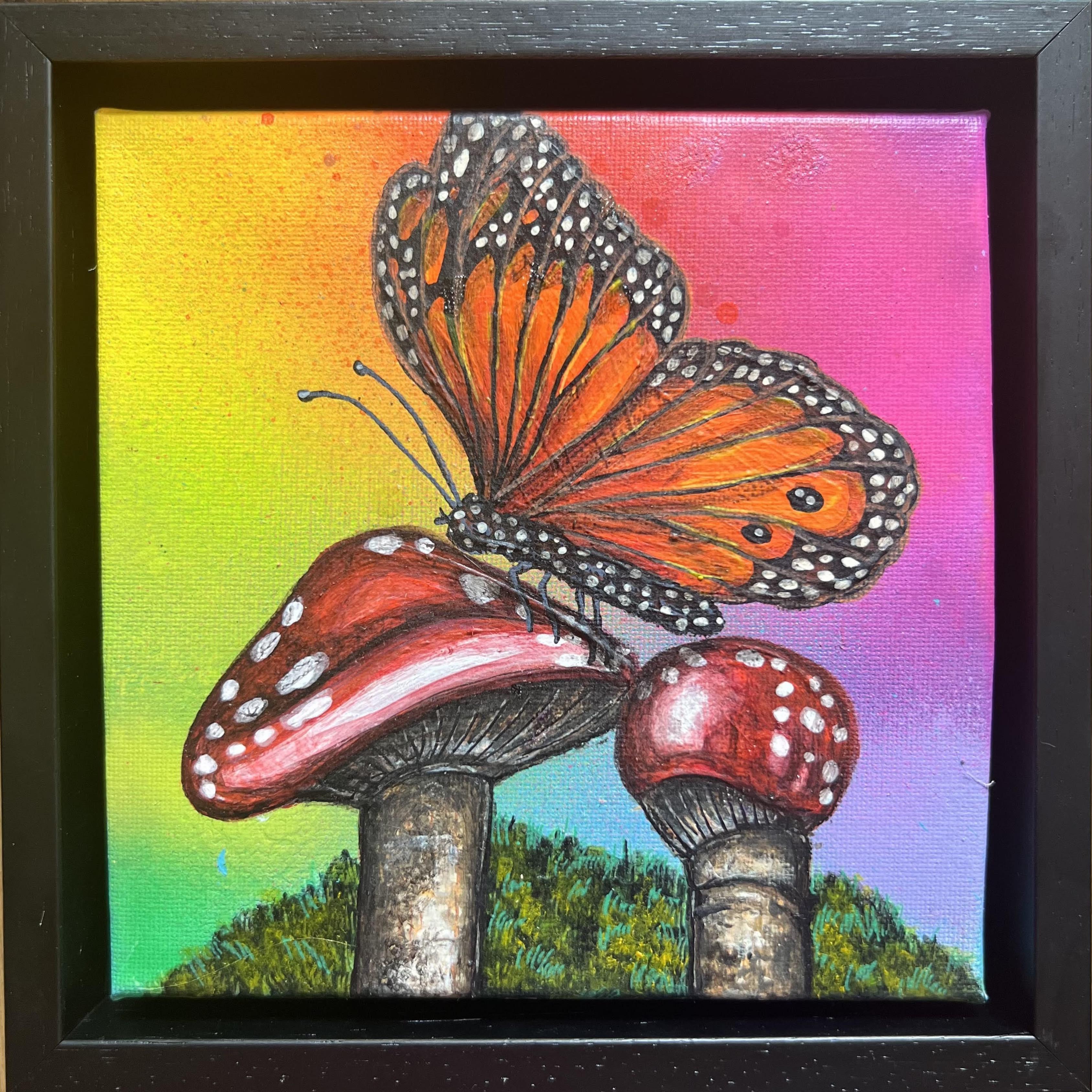 Enchanted Vortex: Rainbow Portals of Mushroom- butterfly contemporary realism  - Painting by Mandii Pope
