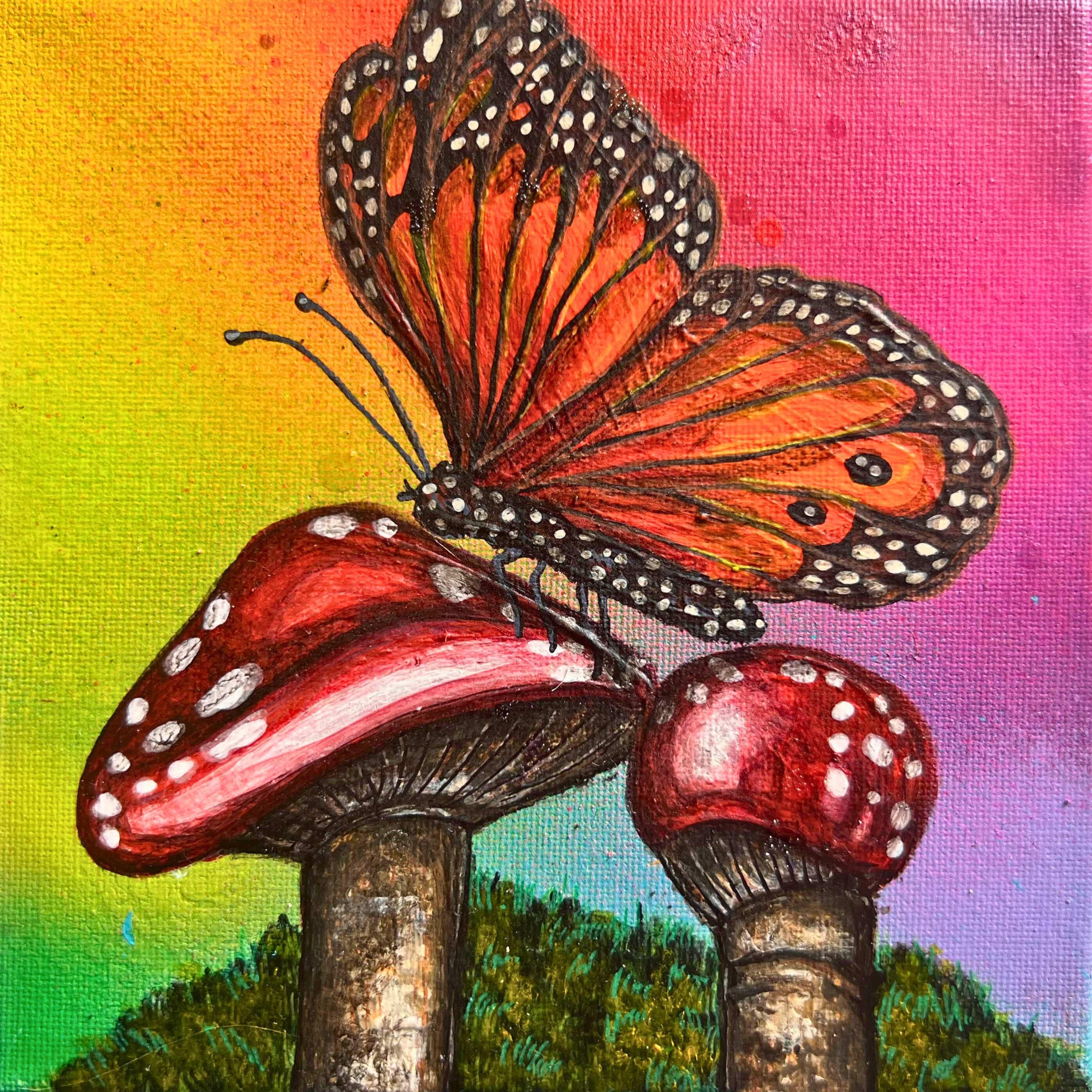Mandii Pope Figurative Painting - Enchanted Vortex: Rainbow Portals of Mushroom- butterfly contemporary realism 