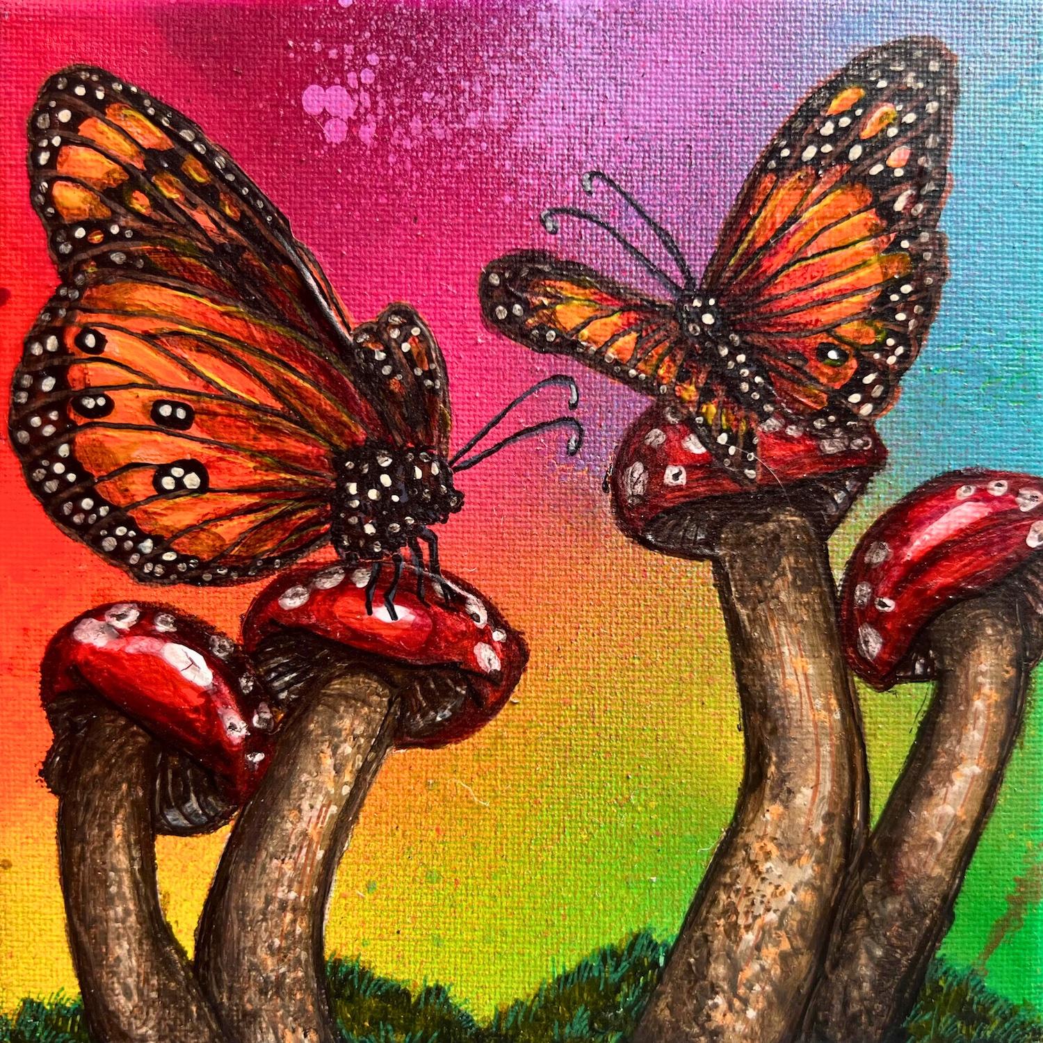 Ethereal Symphony: Vibrations of 5D Mushroom- butterfly contemporary realism 