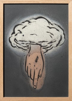 "Clouded Judgement", Surrealist Hand Beneath a Cloud Painting Framed