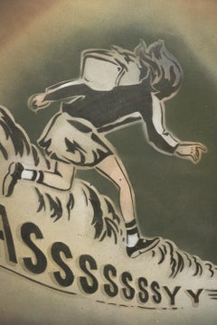 "EASSSSSSSSSYY", Hand Cut Stencil Spray Paint Whimsical Composition with Text