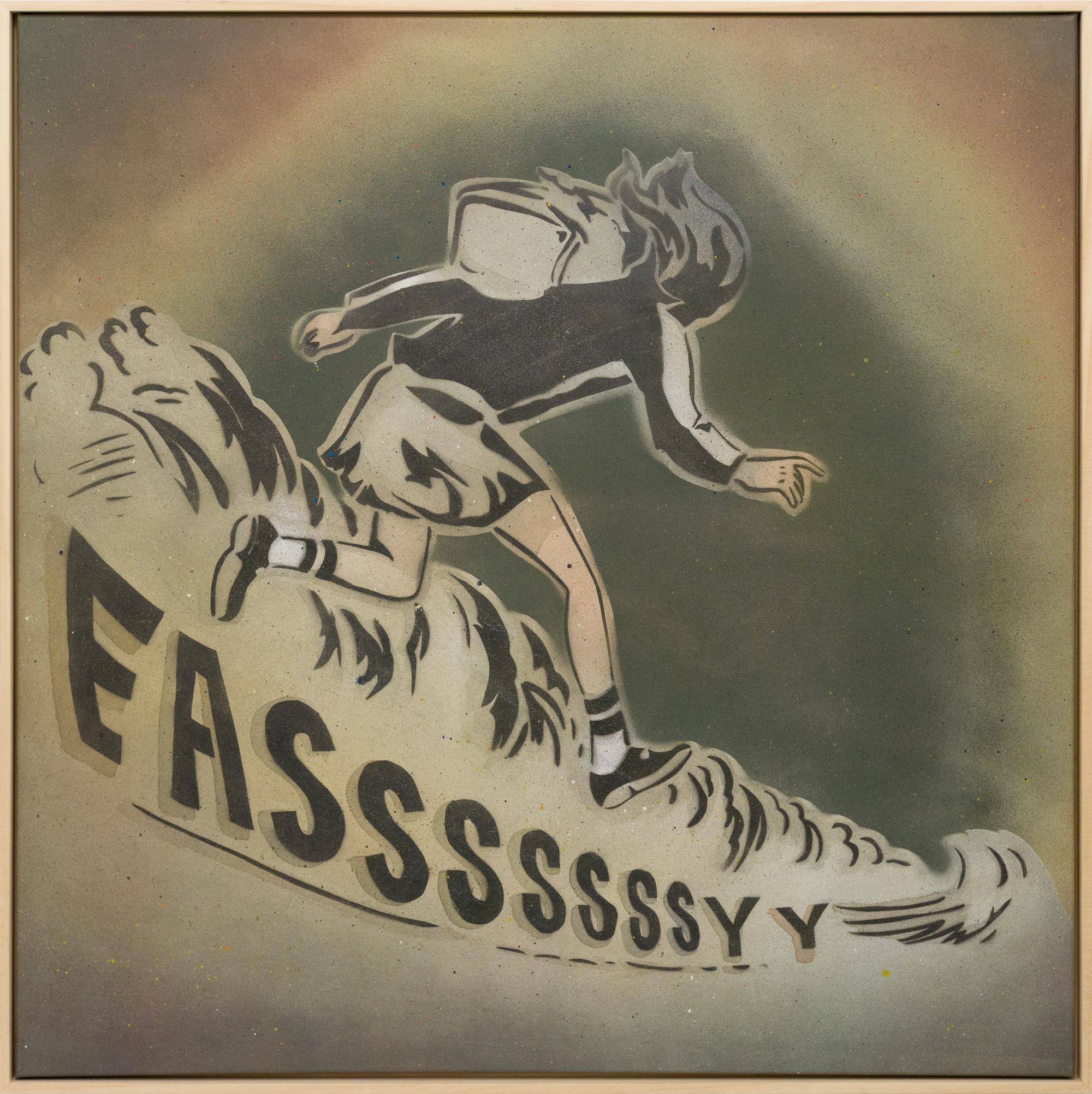 "EASSSSSSSSSYY", Hand Cut Stencil Spray Paint Whimsical Composition with Text