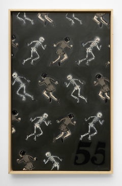 "In a Round About Way", Figurative Painting of a Girl Dancing with Skeletons