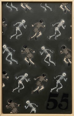 "In a Round About Way", Figurative Painting of a Girl Dancing with Skeletons