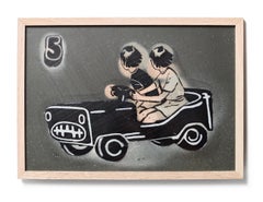 "In The Distance (mini v3)", Vintage-Inspired Figurative Stencil Car Scene