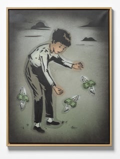 "THE DREAM CATCHER", Stencil Painting of Boy Chasing Winged Dollar Bills